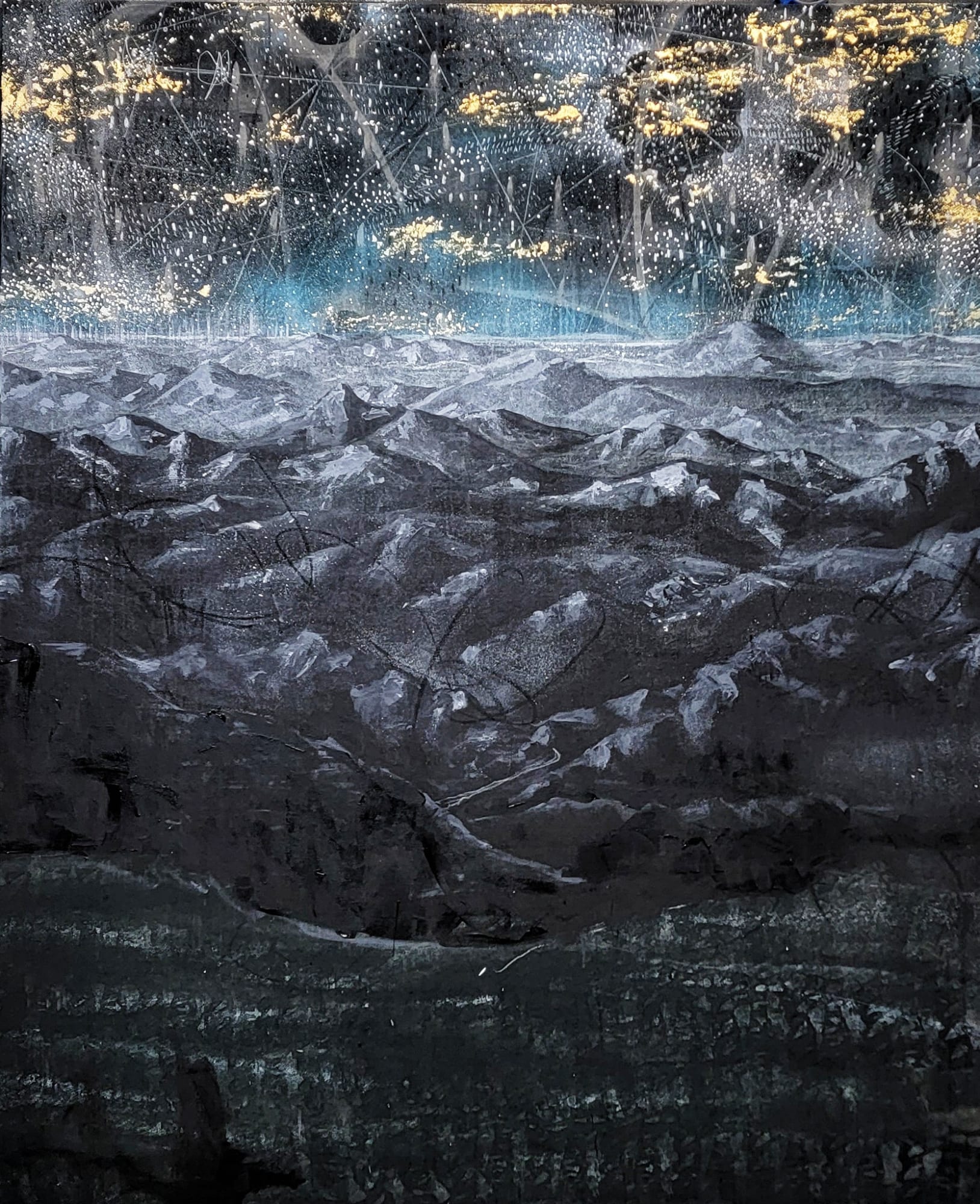 Dark landscape painting of plants, mountains, and a night sky