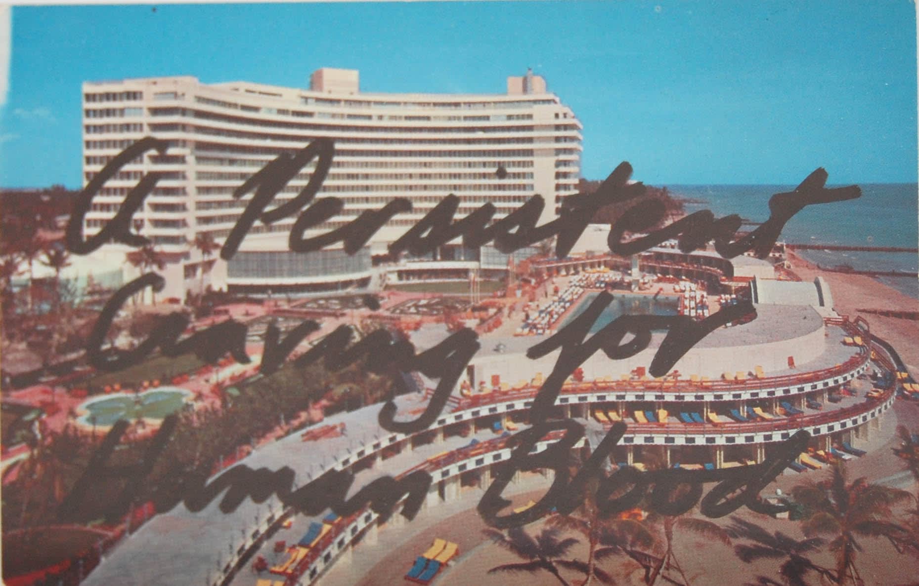 Photograph of buildings with text over it that says "A Persistent Craving for Human Blood"