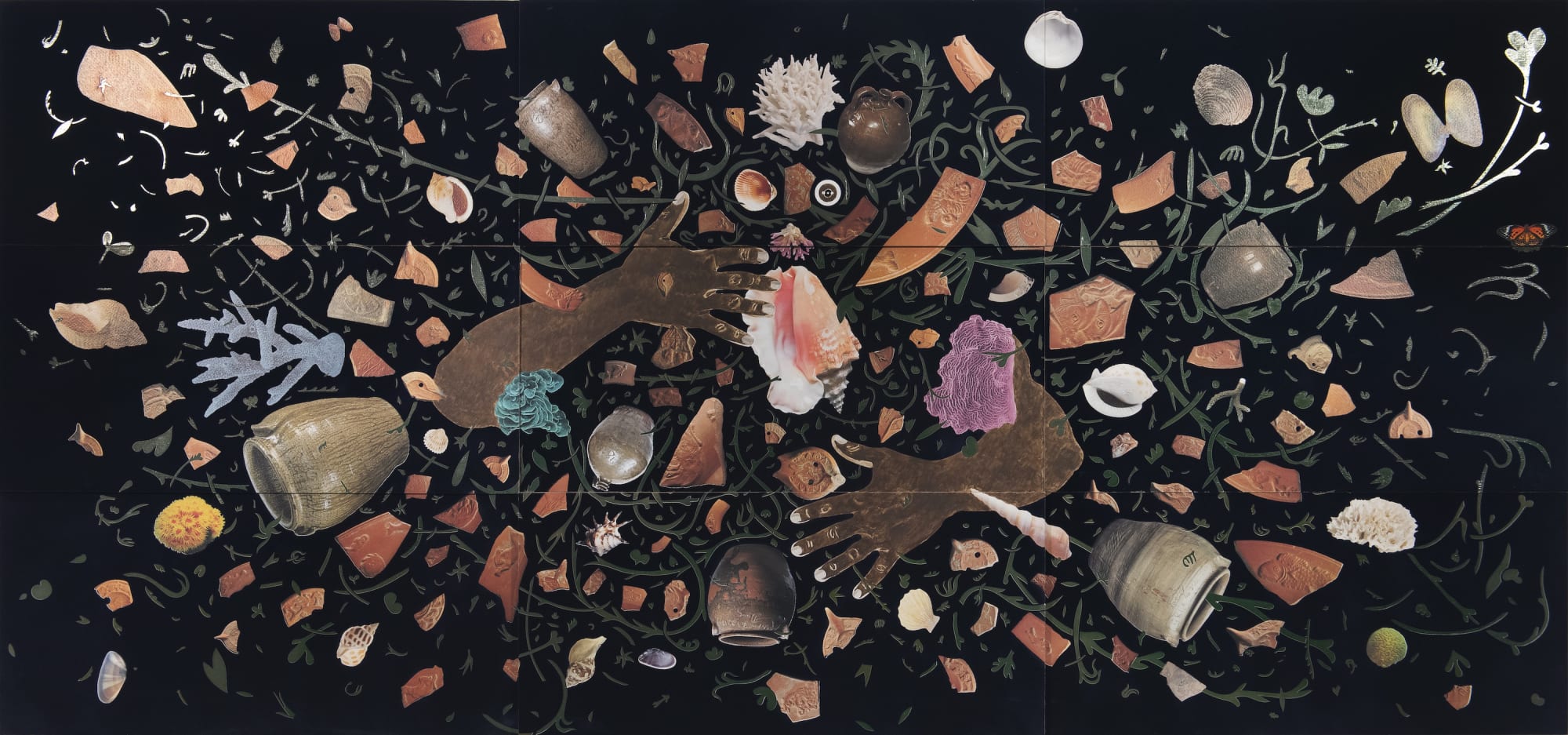 Velvet painting depicting a storm of clay shards, disembodied body in the center, coral, grass, and mythological motifs