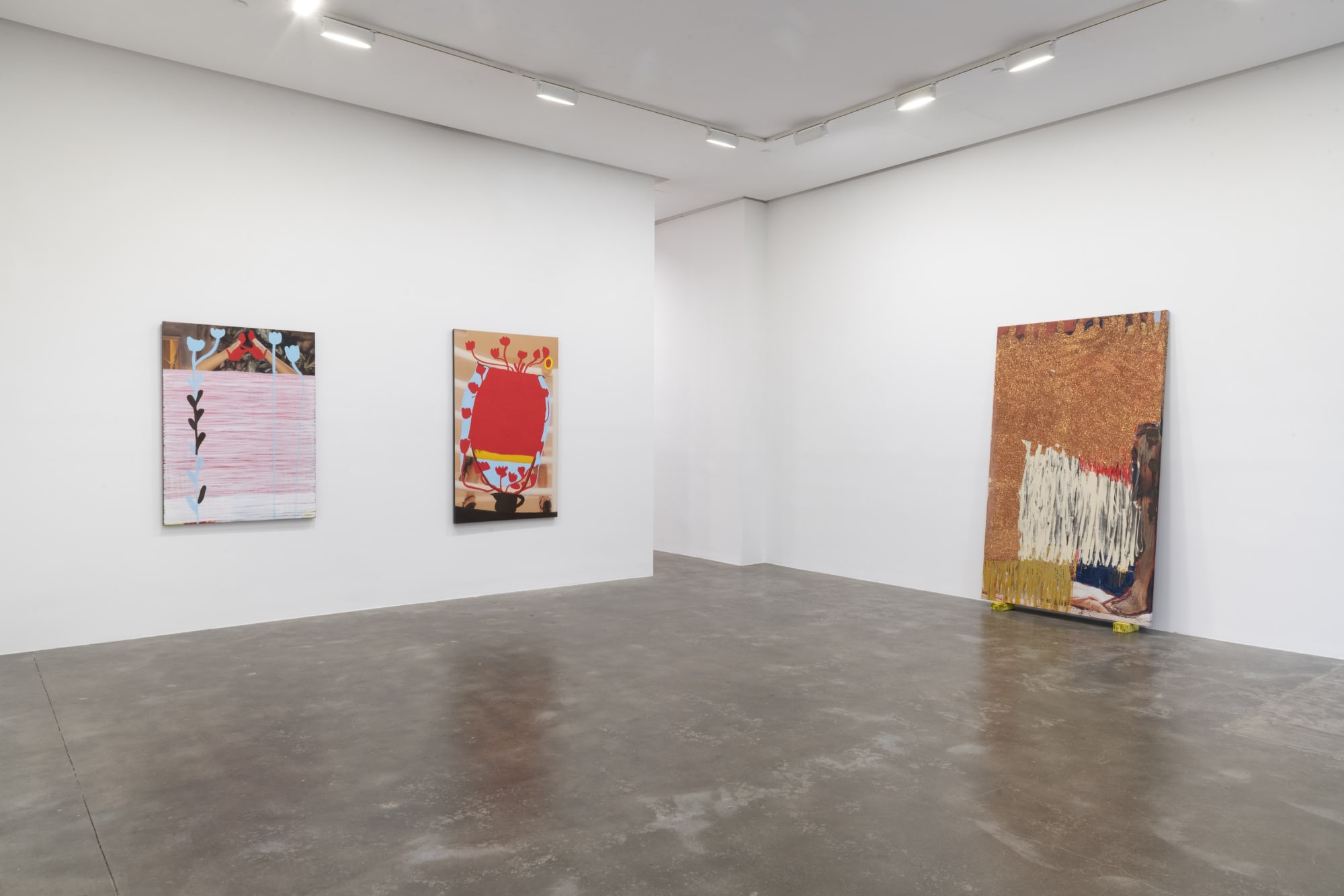 Installation view of three large paintings by Beverly Semmes inside Susan Inglett Gallery