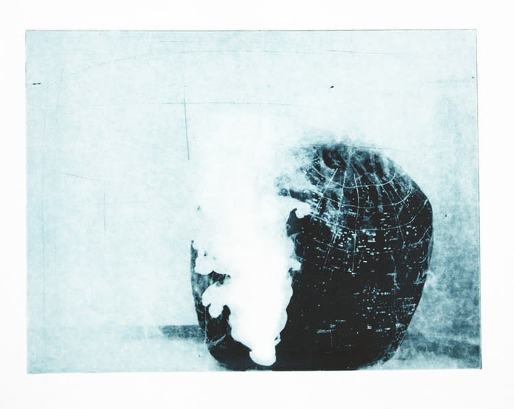 Kim Anno "Heavens" This heavens image is a picture of a sphere with the diagram of the stellar alignments of the sky imprinted on it. It mimics the idea of the planet earth. The implication is that the heavens can be thought of as globe, or a finite system itself. In my mind is the philosophy of James Lovelock regarding the earth as a single living organism. I am playing with this notion applied to the heavens as well. This globe of the heavens is placed inside a tank of water, or metaphoric water indicated by the indigo color of the ink. Inside the water with the casually resting globe is a cloud of white that strikes its side. This cloud is also a kind of apparition that signifies something dramatic happening to this heavens globe. The white can be something cold, something in conflict with the globe, or it can be anointing it or making something special happening to the heavens. The interpretation is up to the viewer in the end. The subtext is the ferocity of climate change appearing on the earth. 2010