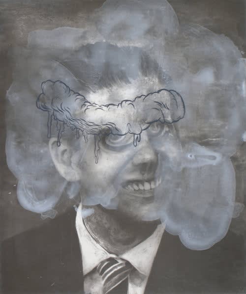 Brian Novatny figure political painting on faux photo on panel