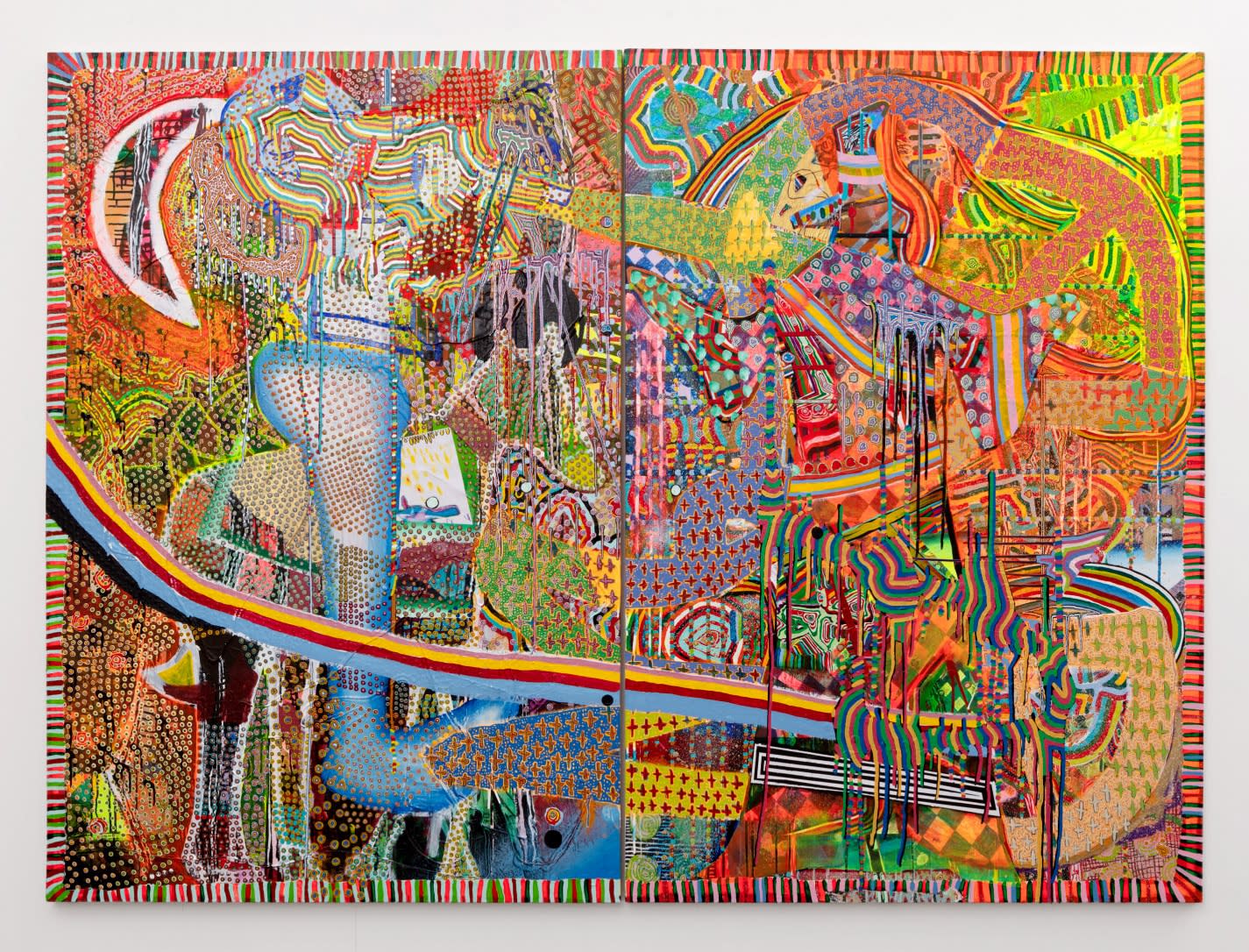 Steven Charles mixed media diptych swirls and lines of color crescent moon and highway