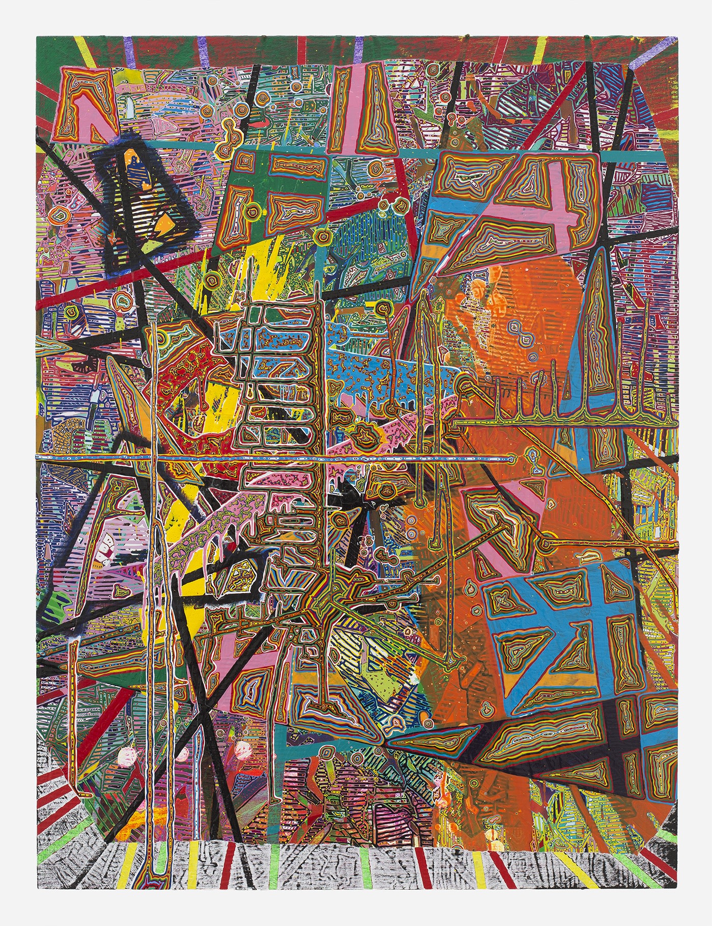 Steven Charles acrylic on wood panel paintings splashes of color against bold black lines