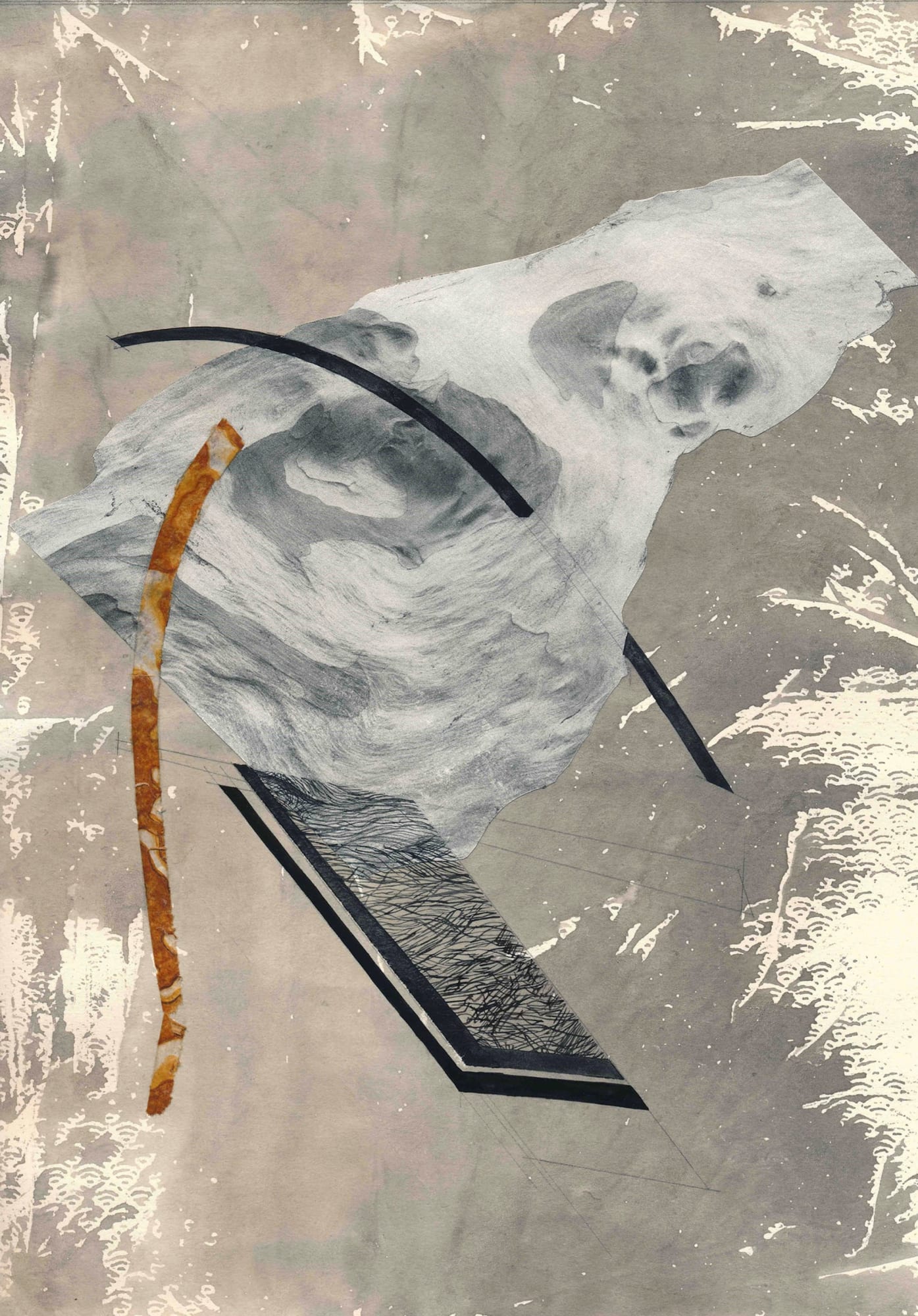 ARSHAD HAKIM Dreams of a Cyborg Trapped in a Drawing by Nasreen Mohamedi, 2015 Rust transfer, gouache, ink and laser print on paper 8.27 X 11.7 in. ₹ 35,000