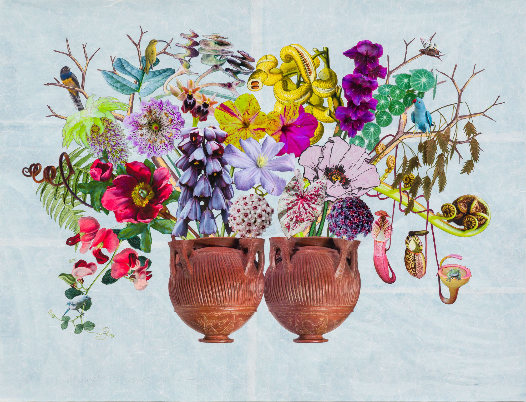 Etruscan Kernos with Guianan Trogon, Four O'Clocks and Pineapple Lily, 2023 Unique botanical collage using relief printing, digital printing, coloured pencil, Sumi ink, watercolour and gouache, hand cut and assembled on collaged Japanese papers over painted cotton rag. Signed in pencil. 96.5 x 127 cm (38 x 50 in)