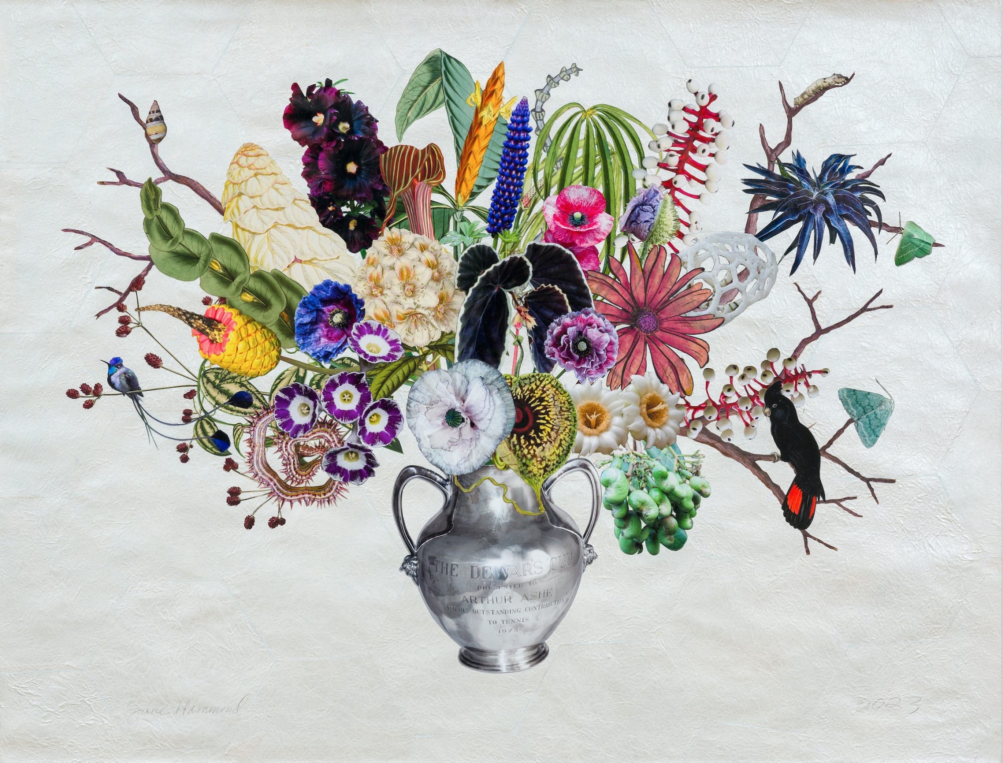 Arthur Ashe Tennis Trophy with Emerald Moths, Doll's Eyes and Marvelous Spatuletail Hummingbird, 2023 Unique botanical collage using relief printing, digital printing, coloured pencil, Sumi ink, watercolour and gouache, hand cut and assembled on collaged Japanese papers over painted cotton rag. Signed in pencil. 96.5 x 127 cm (38 x 50 in)