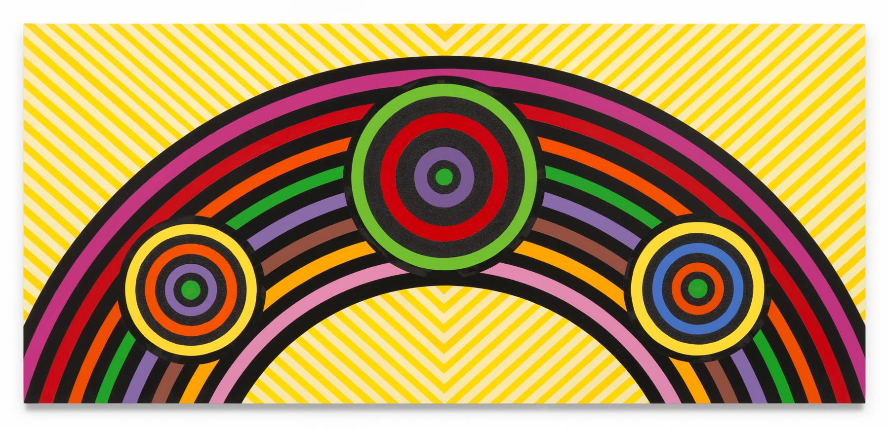 RICO GATSON Untitled (Rainbow Targets), 2024 Acrylic paint and glitter on wood 36 x 80 inches 91.4 x 203.2 cm