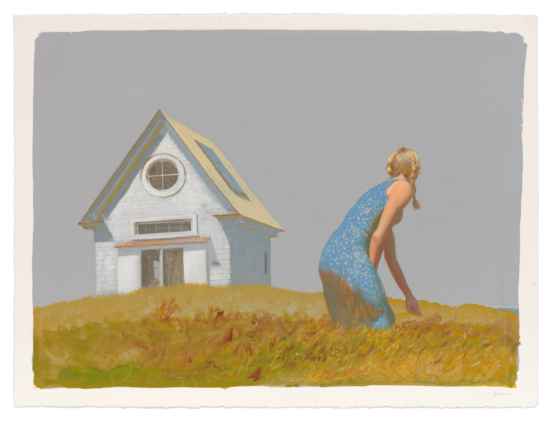 BO BARTLETT Lark Picking Blueberries While Betsy Paints in Her Studio, 2024 Gouache on paper 22 1/2 x 30 inches 57.2 x 76.2 cm (MMG#37218)