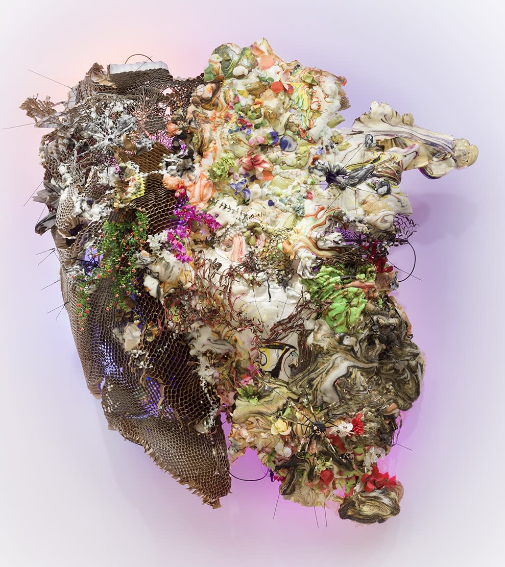 JUDY PFAFF Glazed and Confused: Rockin' Lobster Majolica, 2024 Hexcomb cardboard, pigmented expanded foam, steel, wire, faux flowers, umbrella frames 108 x 84 x 26 inches 274.3 x 213.4 x 66 cm (MMG#37364)