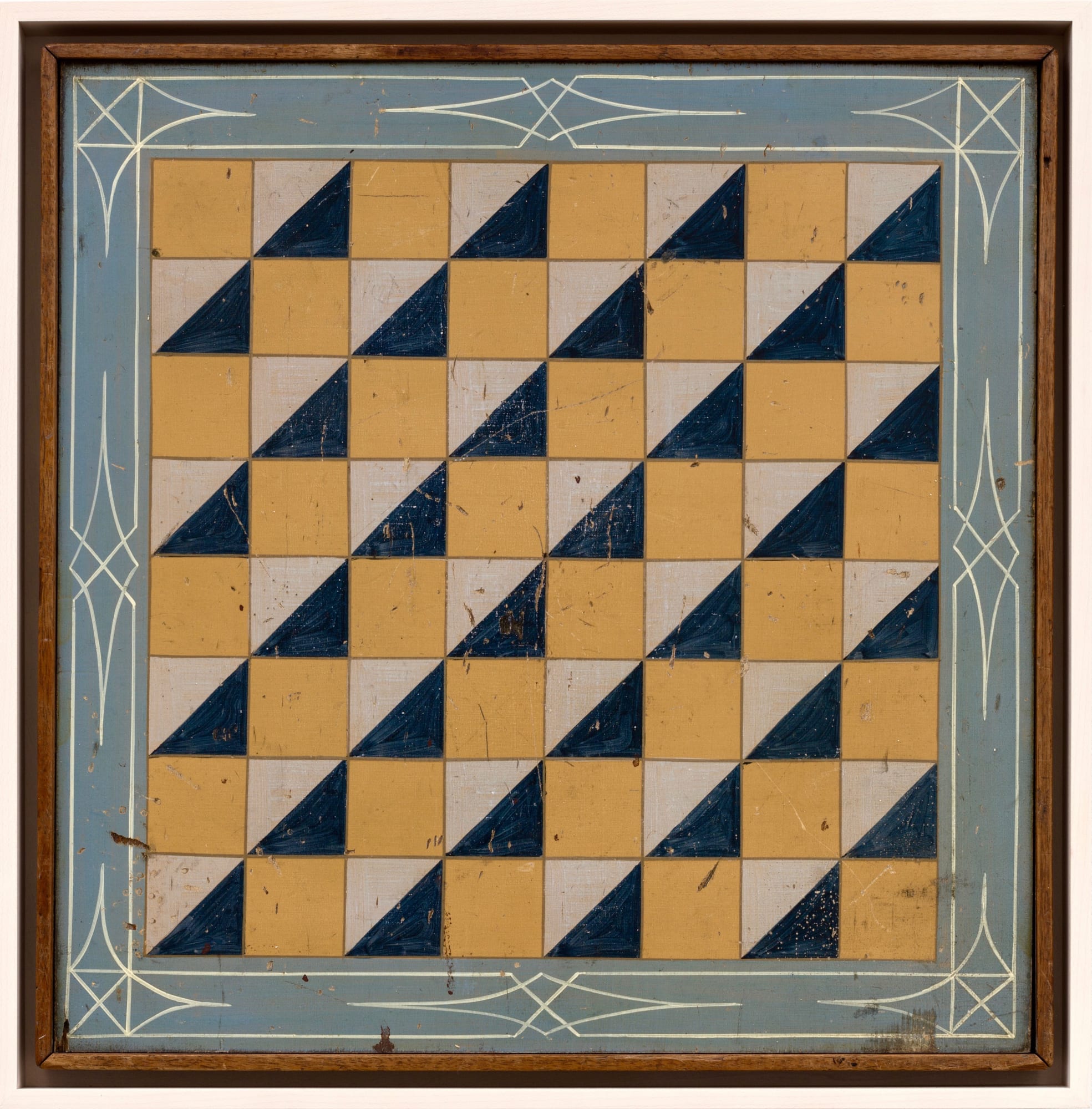 5-COLOR CHECKERS GAME BOARD WITH BLUE AND GREY BORDER, LATE 19TH CENTURY Enamel on wood 18 x 18 in 45.7 x 45.7 cm (AU 252)