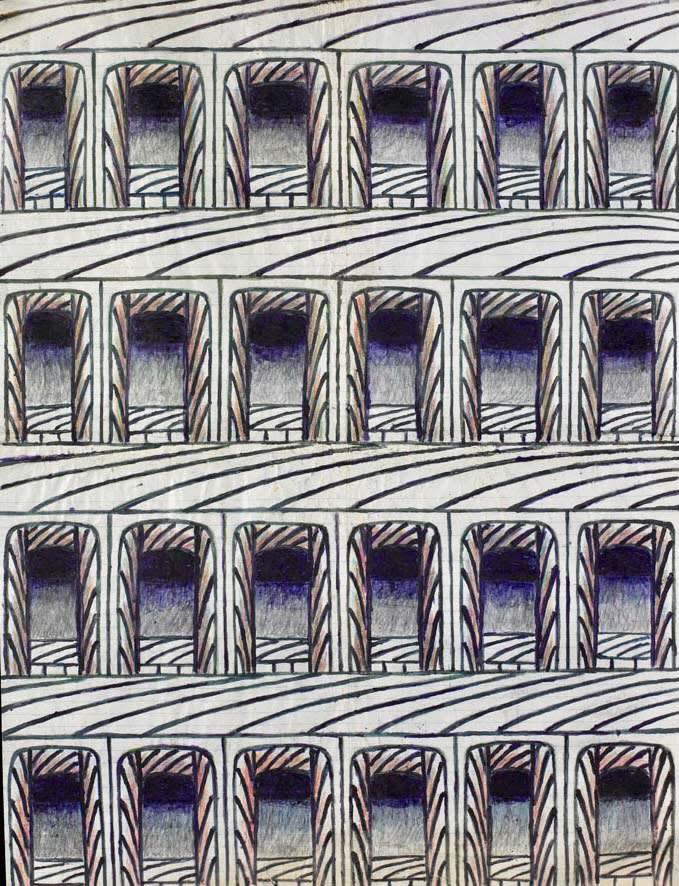 Martín Ramírez Untitled (Arches), c. 1960-63 Gouache, colored pencil and graphite on pieced paper 22 x 16.5 in. (55.9 x 41.9 cm.) (MR 001)