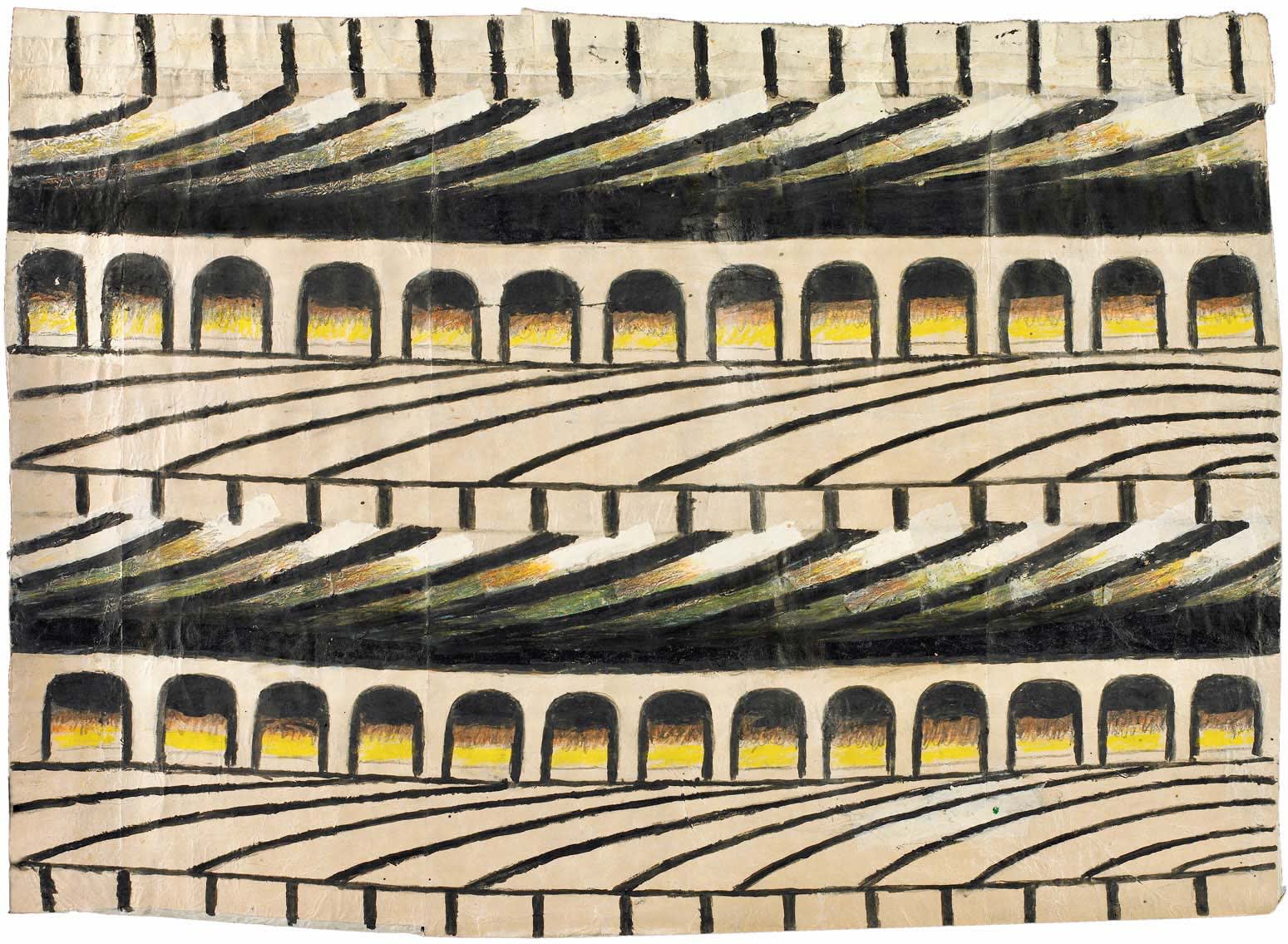 Martín Ramírez Untitled (Arches), c. 1960-63 Gouache, colored pencil and graphite on pieced paper 16 x 22.5 in. (40.6 x 57.1 cm.) (MR 016) SOLD