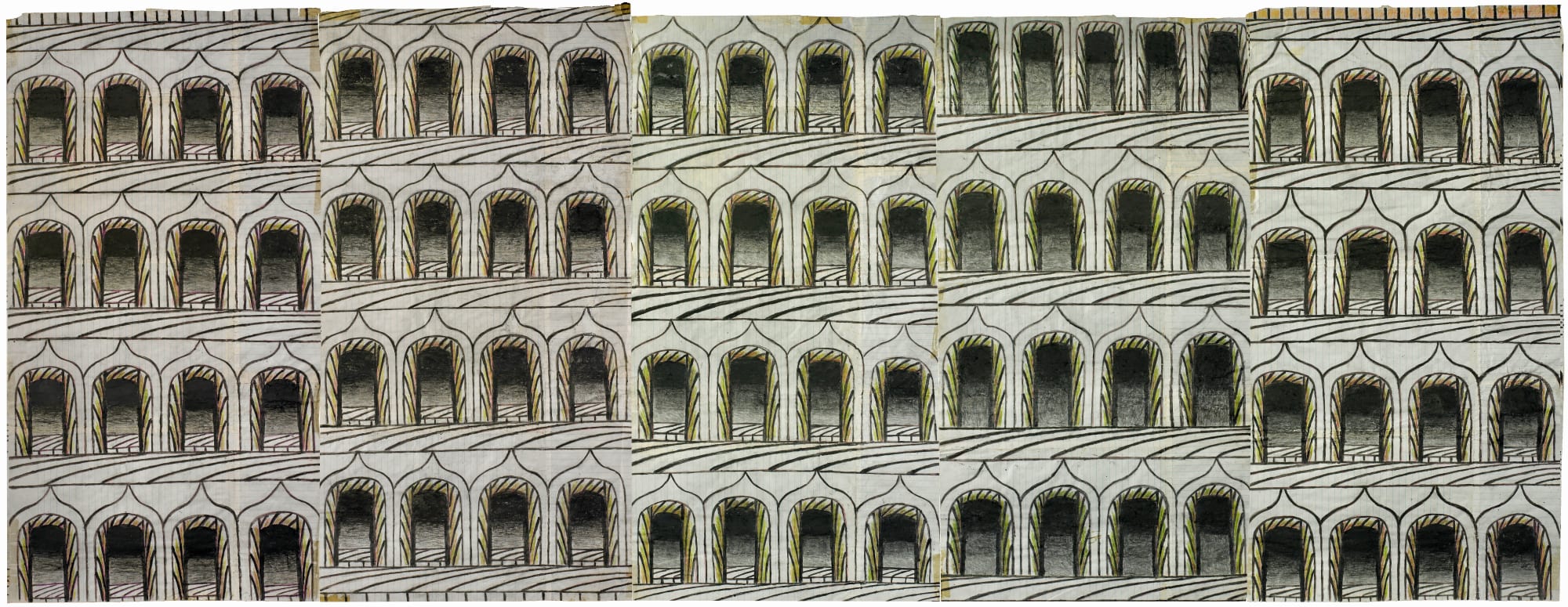 Martín Ramírez Untitled (Arches, 5 Panels), c. 1960-63 Gouache, colored pencil and graphite on paper 28.5 x 73 in. (72.4 x 185.4 cm.) (MR 065-069)