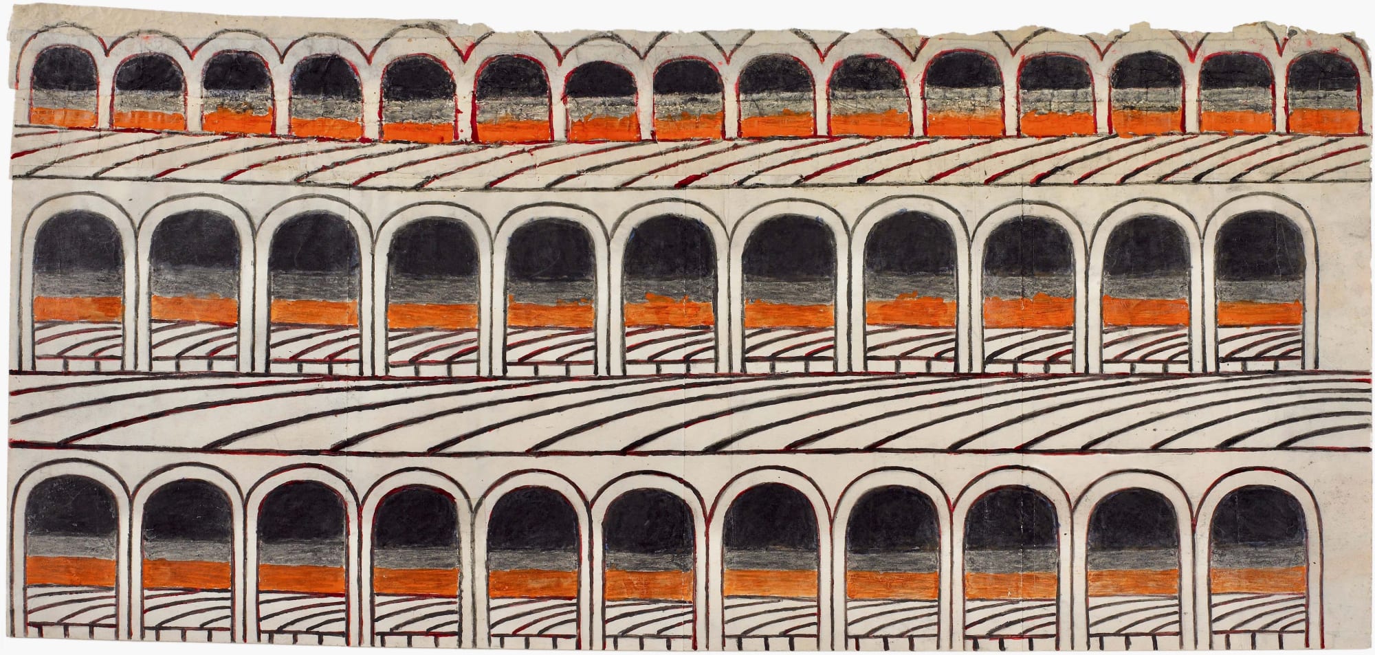 Martín Ramírez Untitled (Arches), c. 1960-63 Gouache, colored pencil and graphite on pieced paper 15 1/2 x 34 1/2 in. (39.4 x 87.6 cm.) (MR 084) SOLD