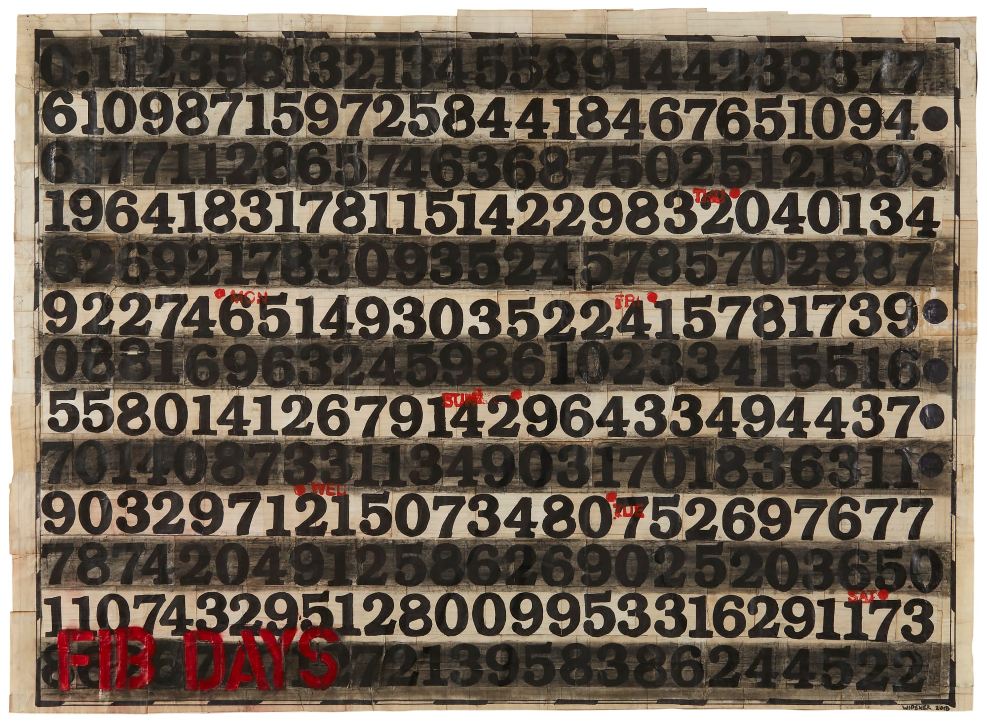 George Widener FIB DAYS, 2018 Mixed media on paper Sight: 34 1/2 x 37 1/2 in. (87.6 x 95.3 cm.)Framed: 39 1/4 x 53 in. (99.7 x 134.6 cm) (GW 193)