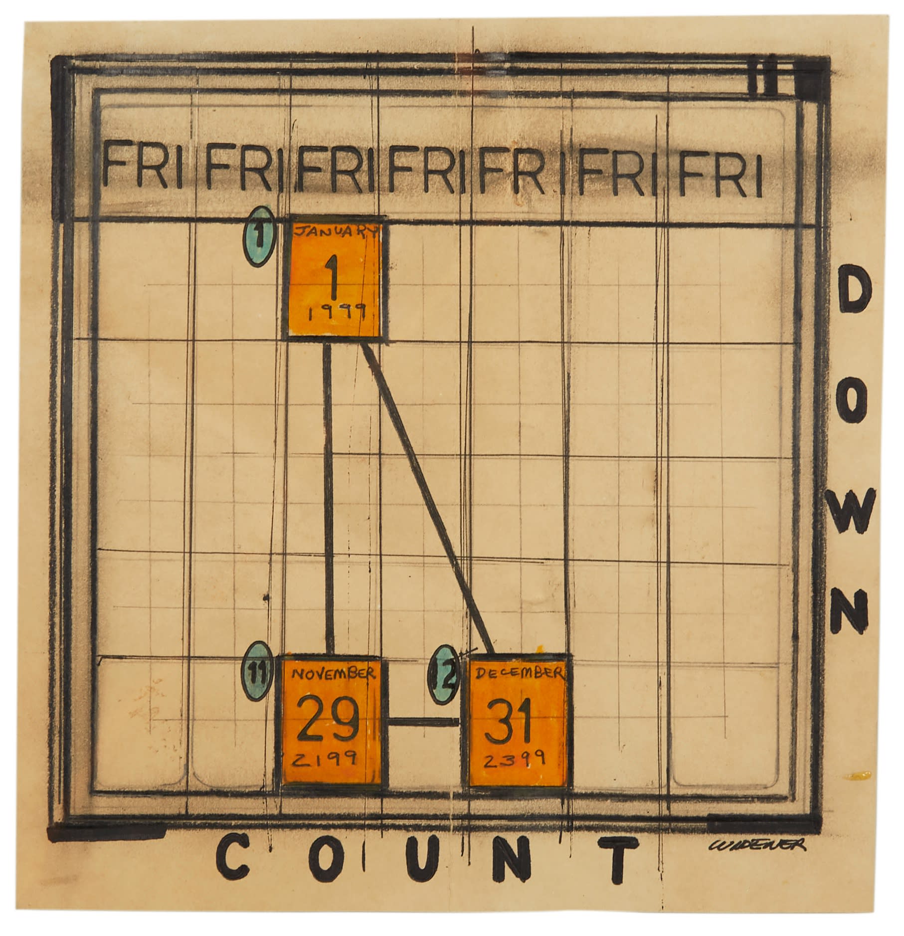 George Widener Count Down (Week of Fridays), 2010 Mixed Media Sight: 8 x 7 1/2 in. (20.3 x 19.1 cm.)Framed: 12 x 12 in. (30.5 x 30.5 cm.) (GW 204) SOLD