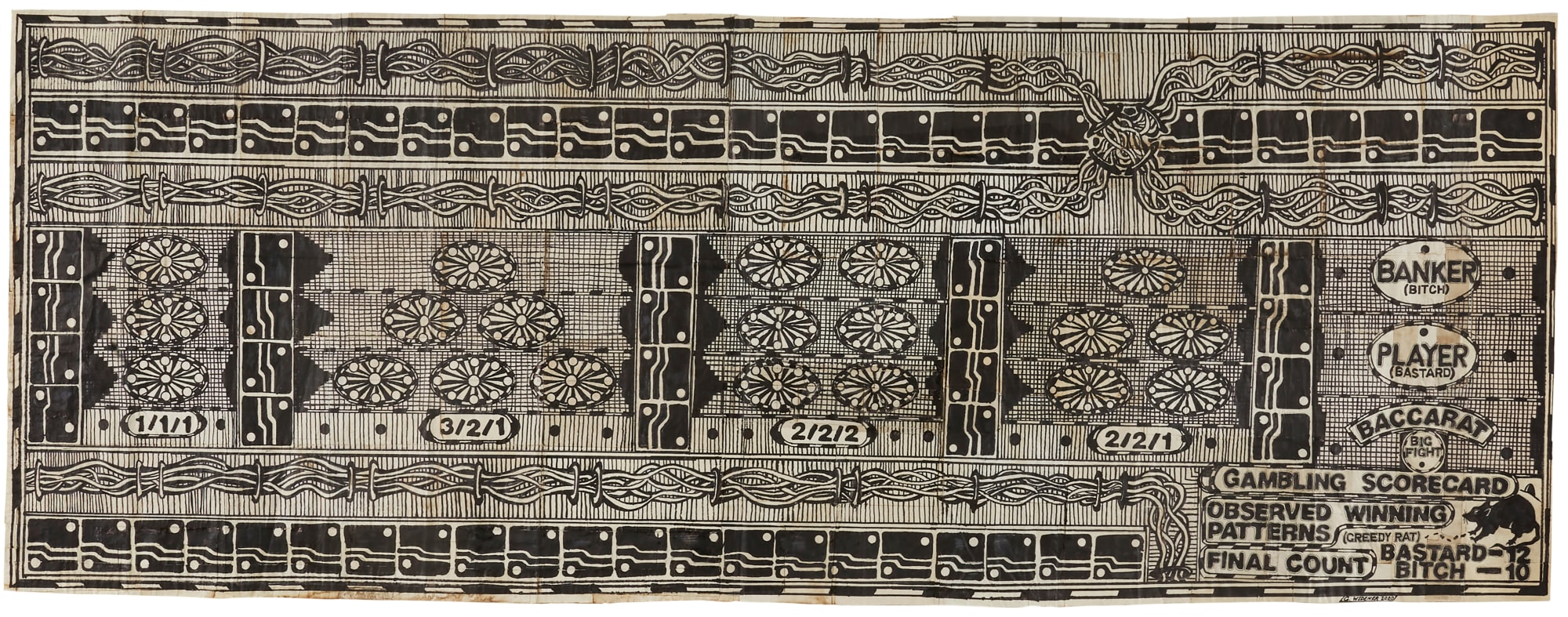 George Widener Banker Player Gambling Scorecard, 2020 Mixed media on paper Sight: 26 1/4 x 71 in. (66.7 x 180.3 cm.)Framed: 32 x 77 in. (81.3 x 195.6 cm.) (GW 213)