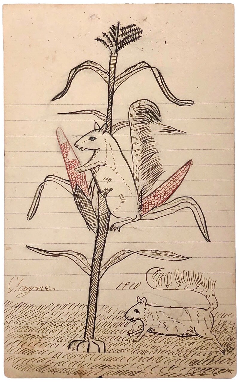Wayne B. Blouch Untitled (Squirrels on Corn), 1910 Ink on lined paper 7 7/8 x 4 7/8 in. (20 x 12.4 cm) (WBB 7) MORE INFORMATION
