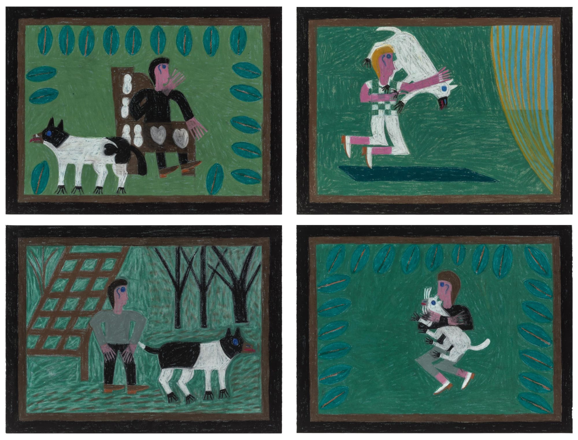 Untitled (Group of Four Man and Dog Variations), ca. 1968-70 Cray-pas on paper 19 x 25 in. (48.3 x 63.5 cm), ea. (EA 74) SOLD