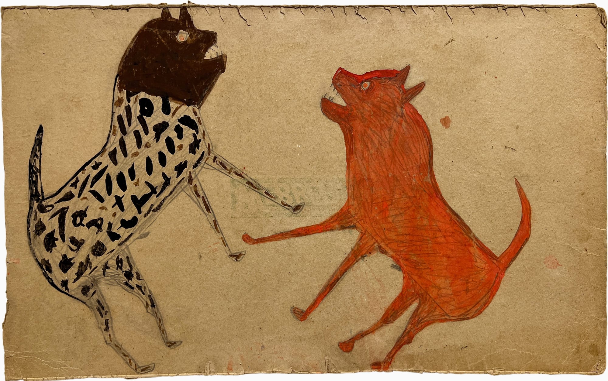Untitled (Two Fighting Dogs), ca. 1939-42 Poster paint and graphite on found cardboard 14 1/4 x 23 in. (36.2 x 58.4 cm.) (BT 36) SOLD This work is illustrated as a full page in Ricco/Maresca's book Bill Traylor: His Art, His Life p. 34 | Alfred A. Knopf, 1991.
