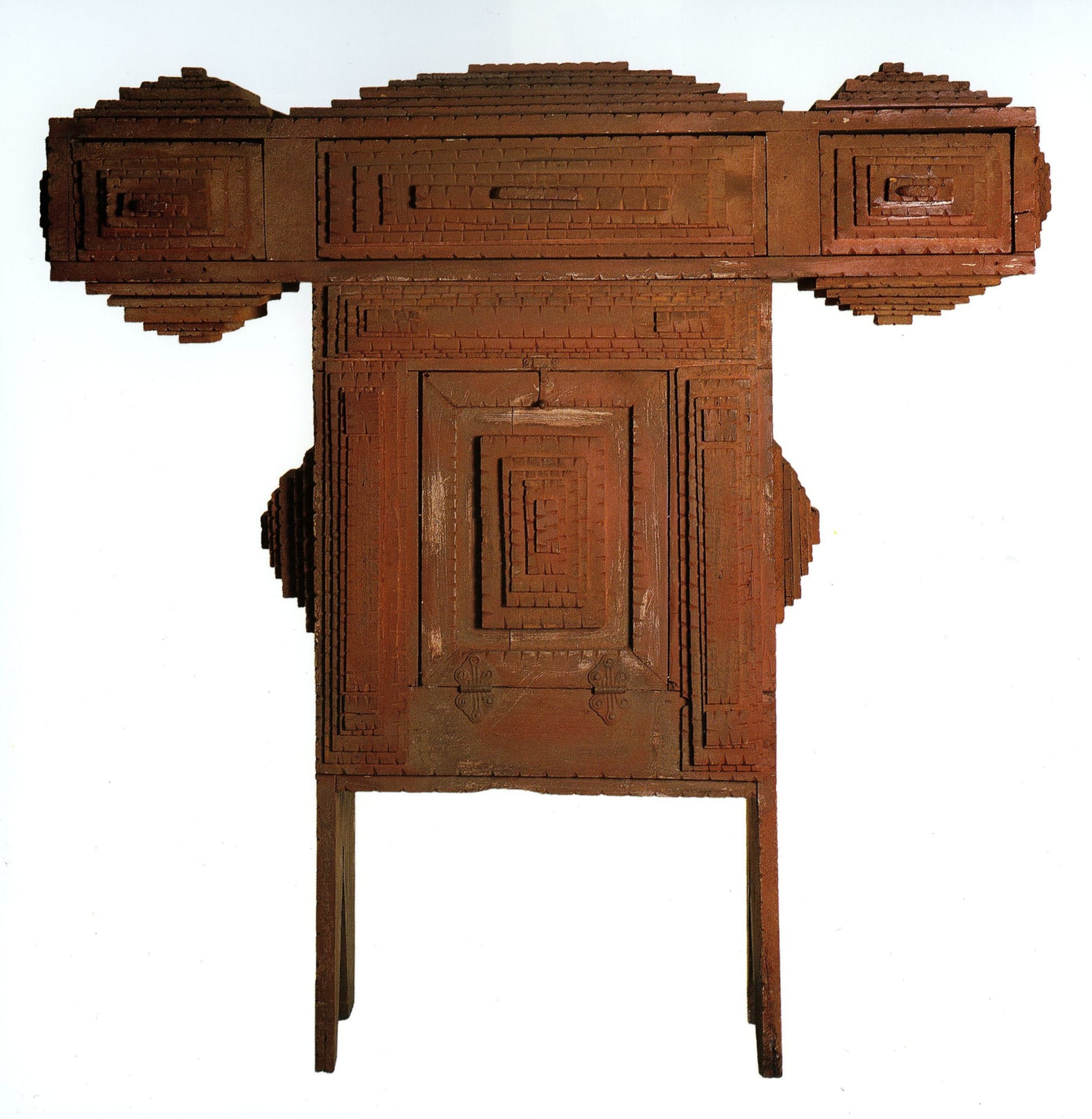 Artist Unknown Tramp Art Chest, ca. 1925-30 Found in Tennessee Wood with red paint, metal attachments 39 x 39 x 10 in. (99.1 x 99.1 x 25.4 cm.)