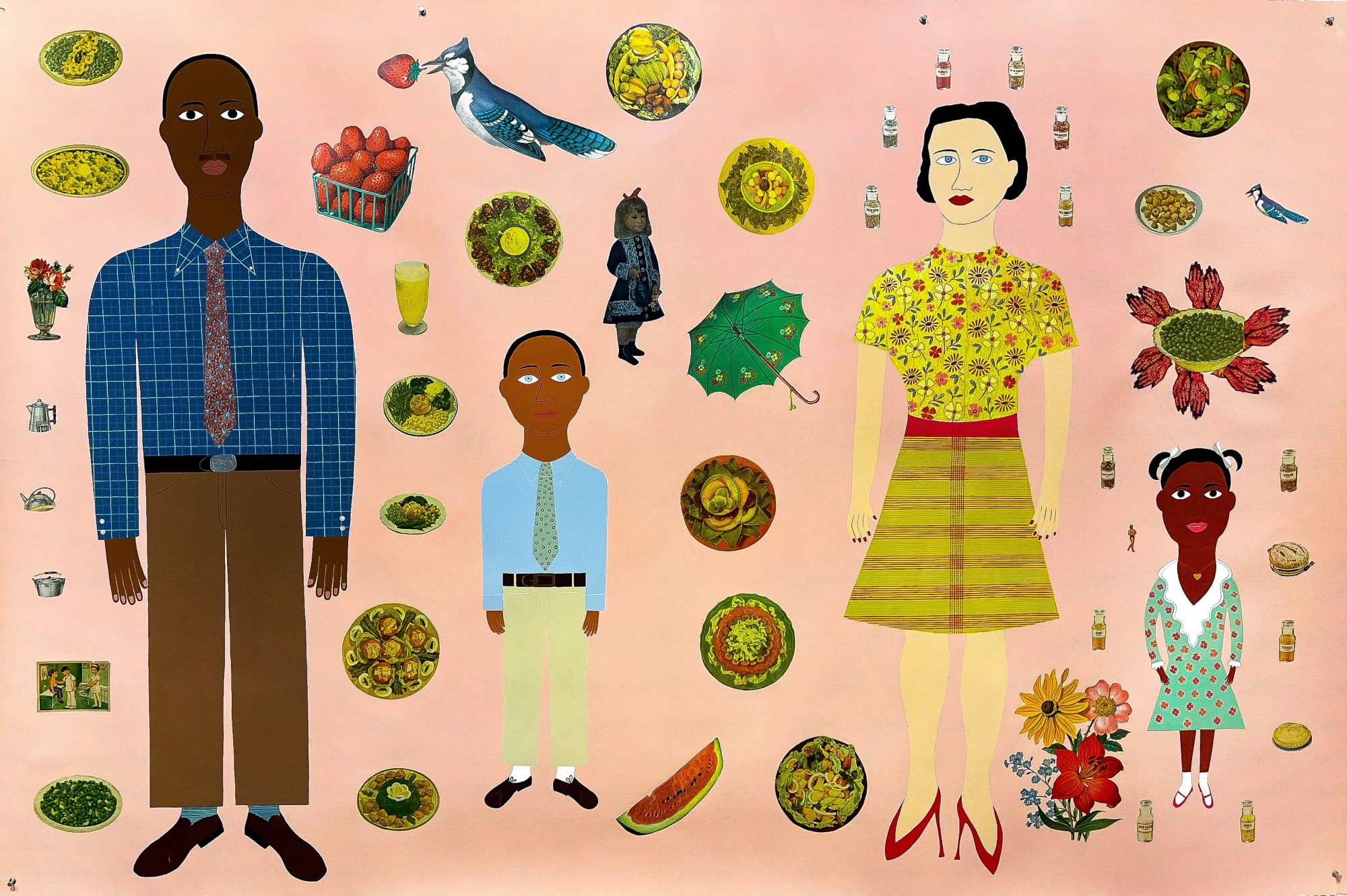 Lucy Fradkin 7 Daily Servings of Fruits and Vegetables, 2009 Acrylic, gouache, and colored pencil on paper with collage 30 x 24 in. (76.2 x 61 cm.) 55 x 84 in. (139.7 x 213.4 cm.)
