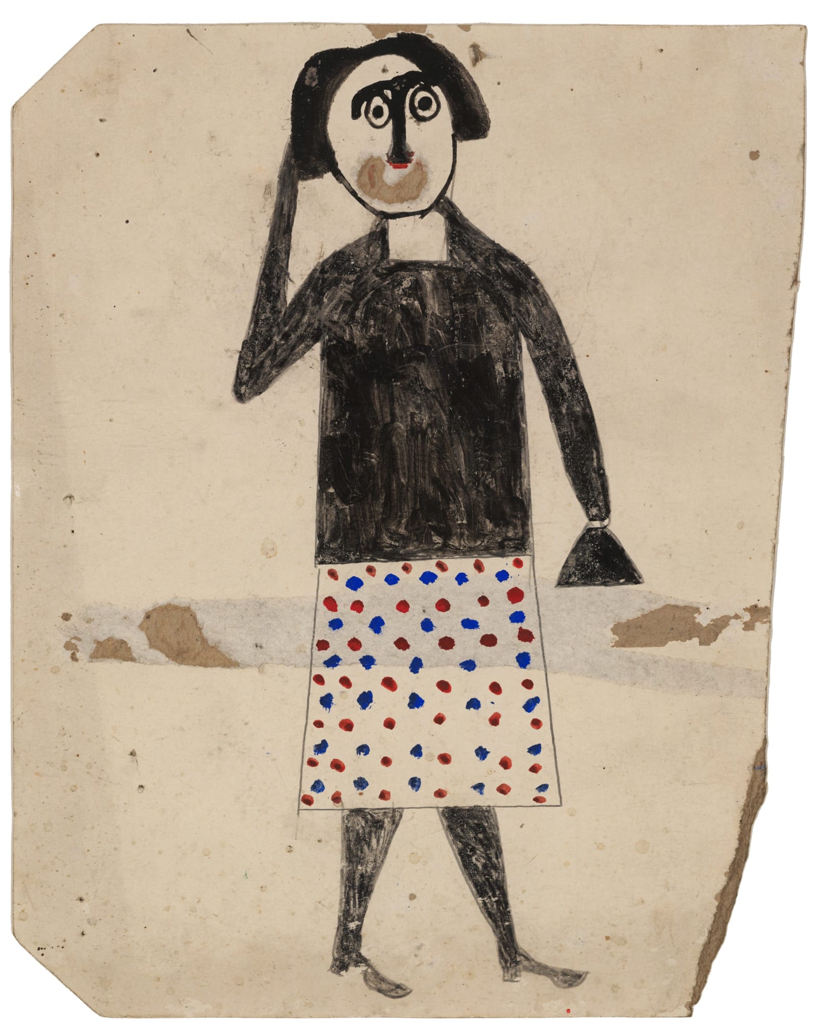 Untitled (Woman with Polka-Dot Skirt and Handbag), ca. 1939 - 42 Poster paint and graphite on found cardboard 13 1/2 × 10 3/4 in. (26.5 x 27.4 cm.) (BT 39)