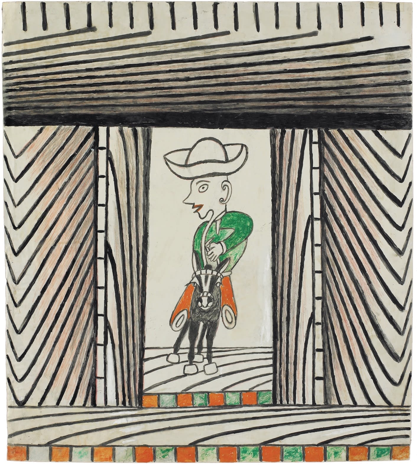 Untitled (Man Riding Donkey), ca. 1960-63 Gouache, colored pencil, and graphite on paper 22 1/2 x 20 in. (57.1 x 50.8 cm.) (MR 093)