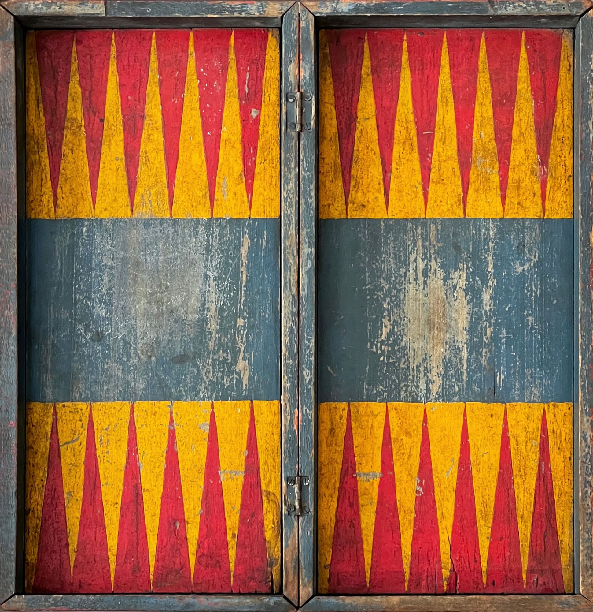 Folding Backgammon Game Board, late 19th century “Circus” paint on wood panel 15 x 14 1/2 in. (38.1 x 36.8 cm.) (AU 336)