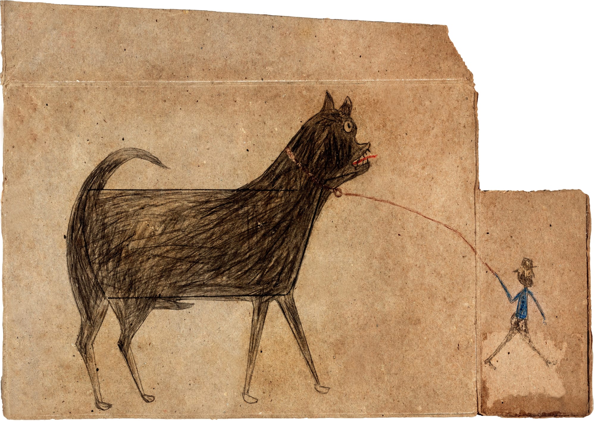 Untitled (Man Walking Dog), ca. 1939-42 Graphite and colored pencil on found cardboard (Chipso dish soap box) 8 x 11 in. (20.3 x 27.9 cm) (BT 51) SOLD