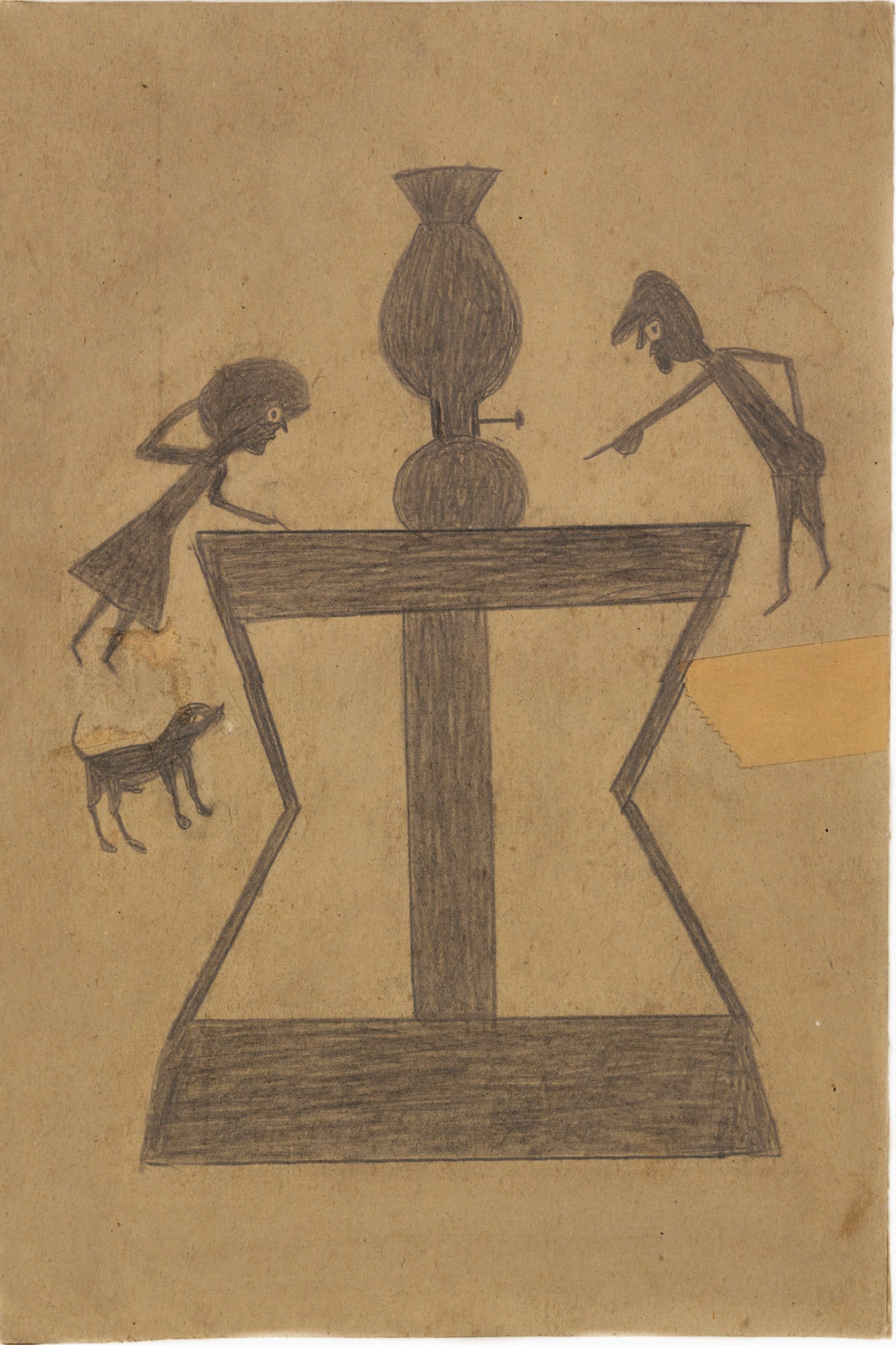 Untitled (Lamp, Abstract Table, Figures and Dog), ca. 1939-42 Graphite on found cardboard 13 1/4 x 8 7/8 in. (33.7 x 22.6 cm) (BT 44)