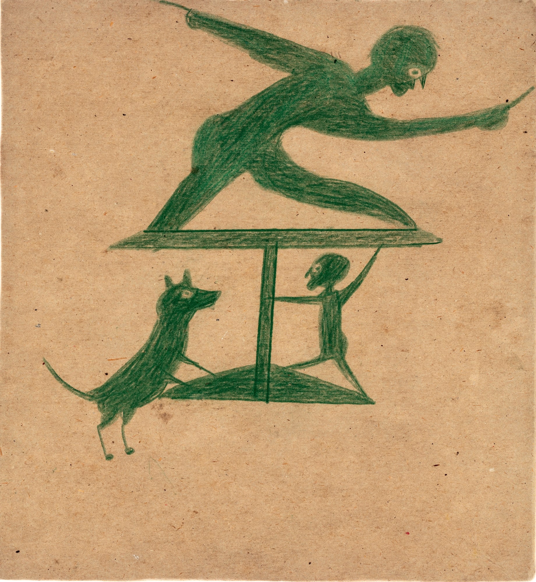 Untitled (Green Construction with Two Men and a Dog), ca. 1939-42 Colored pencil on found cardboard 10 3/8 x 9 5/8 in. (26.4 x 24.4 cm) (BT 48) SOLD