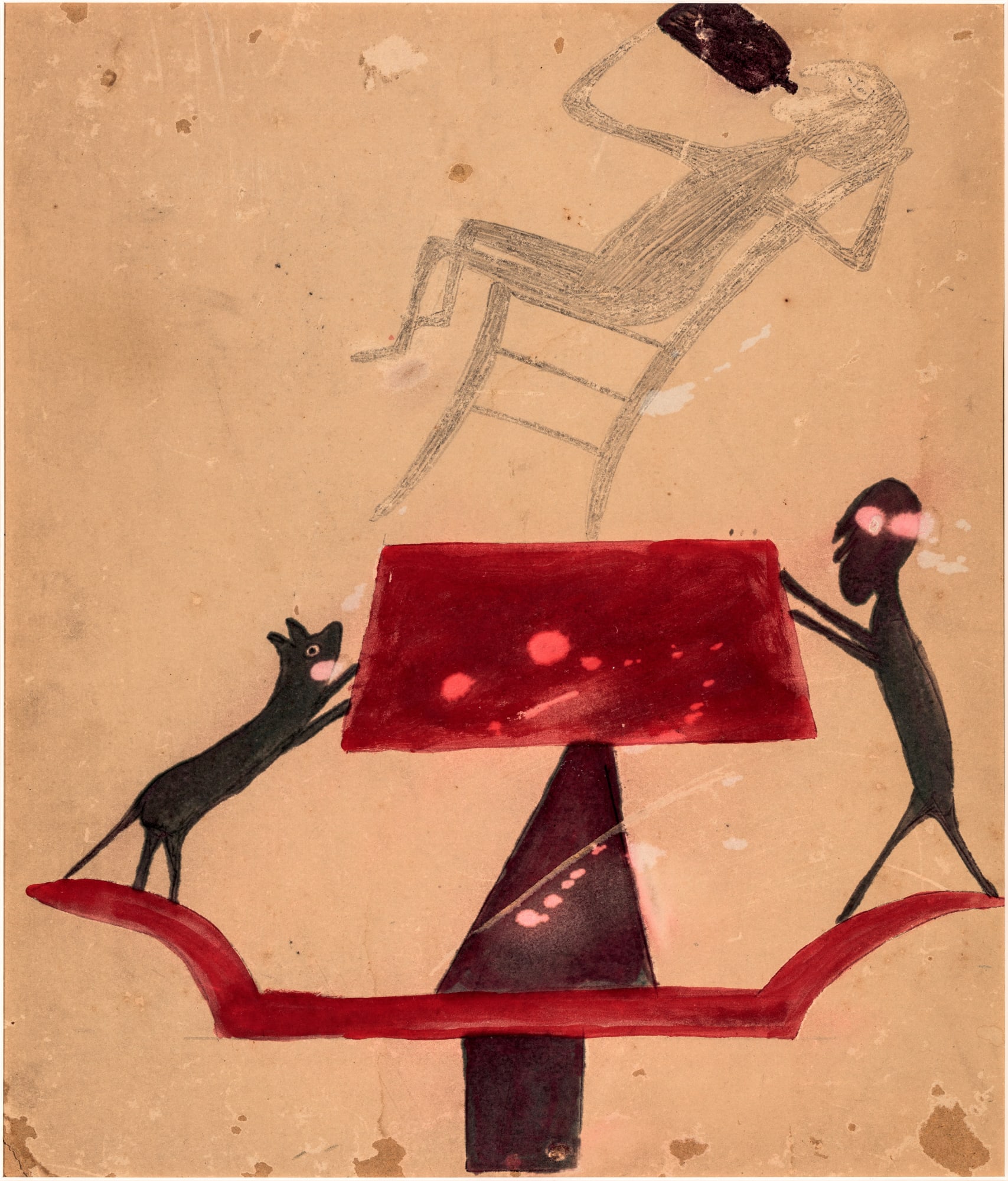 Untitled (Dog, Man, and Drunk), ca. 1939-42 Poster paint and graphite on found cardboard 13 1/4 x 11 1/4 in. (33.7 x 28.6 cm) (BT 52) NFS