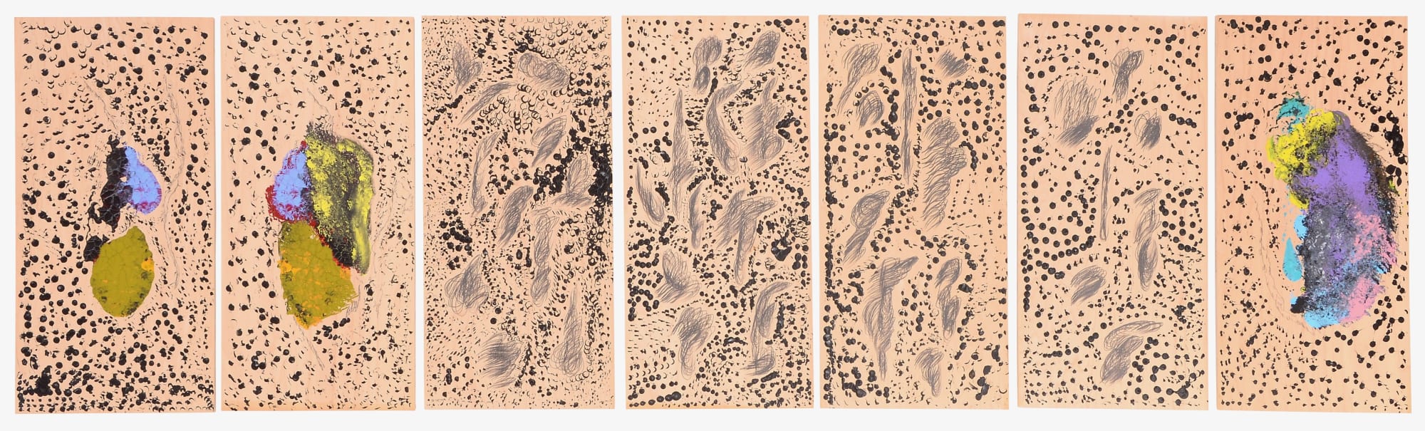 AMONG THE TREMBLING LEAVES, 2009 Mixed media on wood panels 24 x 87 in. (61 x 221 cm) (AWd 17)