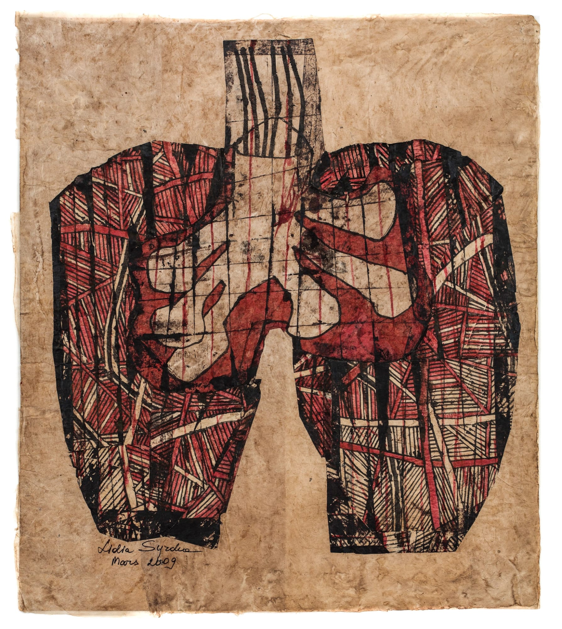 Untitled (Series 3_Red Drawings), 2009 Collage and ink drawing on paper 32.5 x 24.5 in (82.5 x 62.2 cm) (LSy 7)