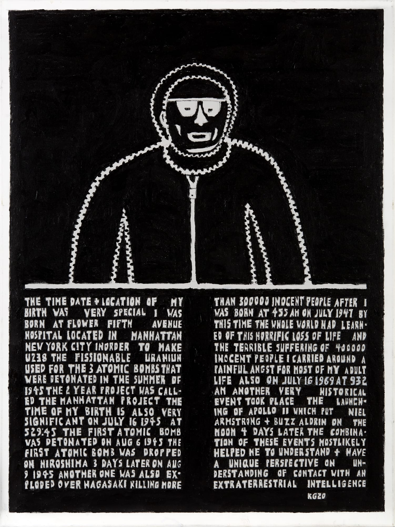 Untitled ("The time date + location of my birth"), 2020 Acrylic on canvas 48 x 36 in. (121.9 x 91.4 cm) (KG 560) SOLD