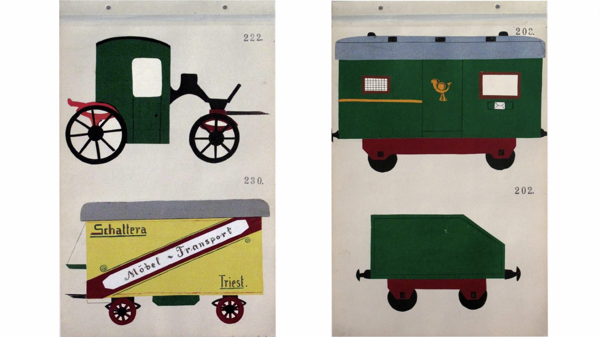 Buggy and Yellow Wagon / Green Wagon and Railroad Coal Car (ArU 442)