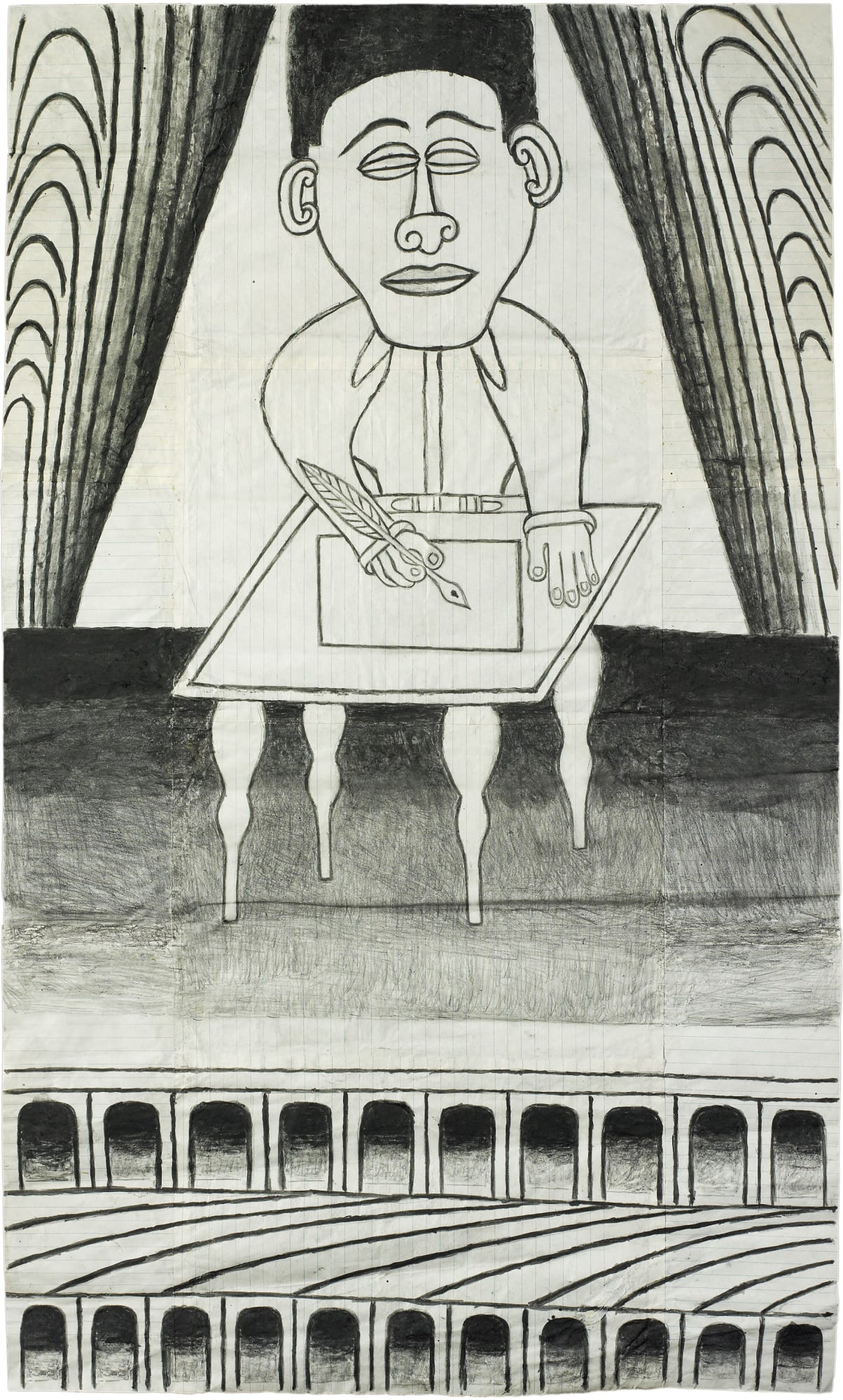 Untitled (Man at Desk)*, ca. 1960 - 63 Gouache and graphite on pieced paper 32 x 18.5 in. (81.3 x 47.0 cm) (MR 075) *Illustrated in Martín Ramírez: The Last Works (Pomegranate, 2008. p. 114)