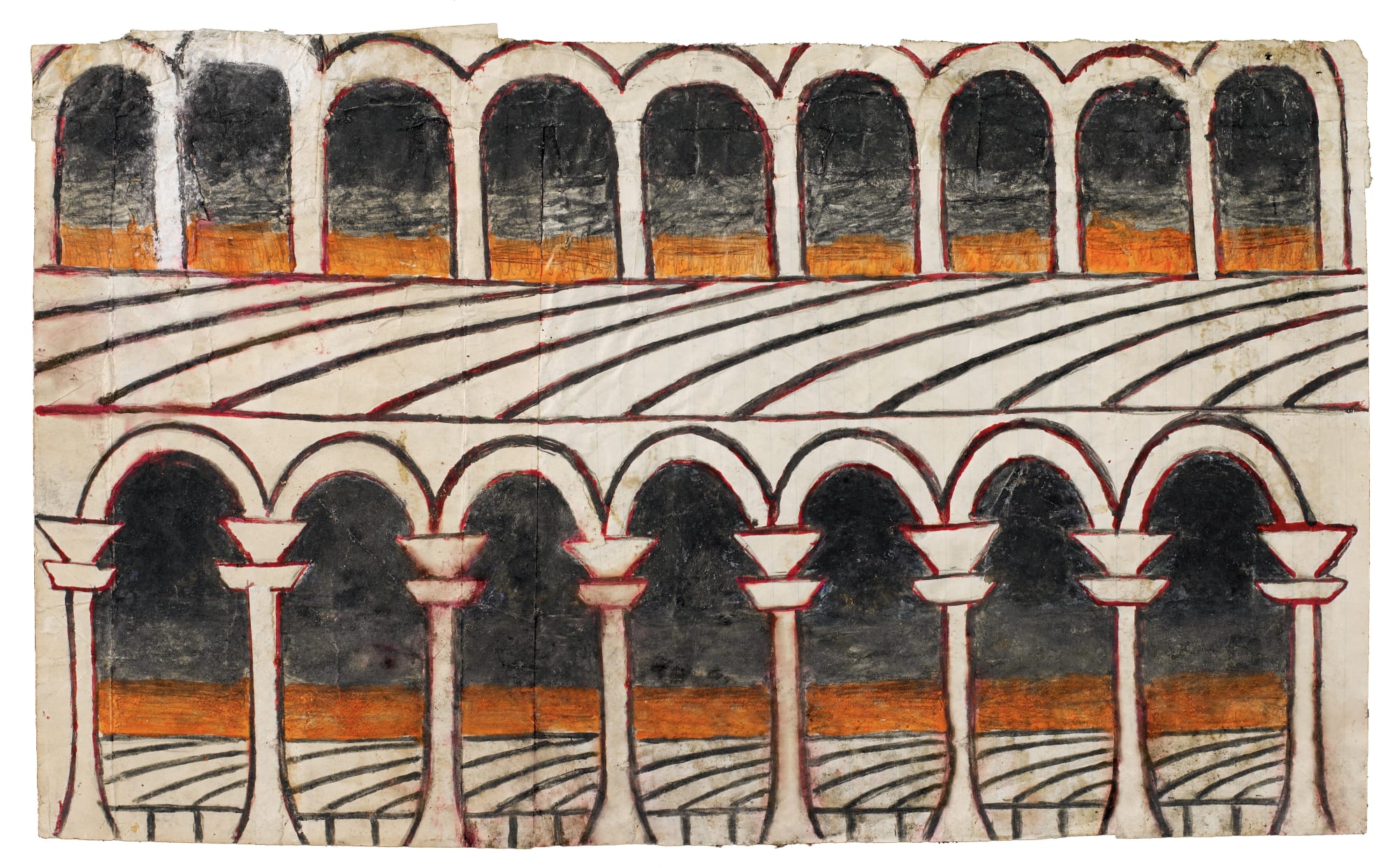 Untitled (Colonnade), ca. 1960 - 63 Gouache, colored pencil and graphite on pieced paper 11 x 16 1/2 in. (27.9 x 41.9 cm) (MR 032)