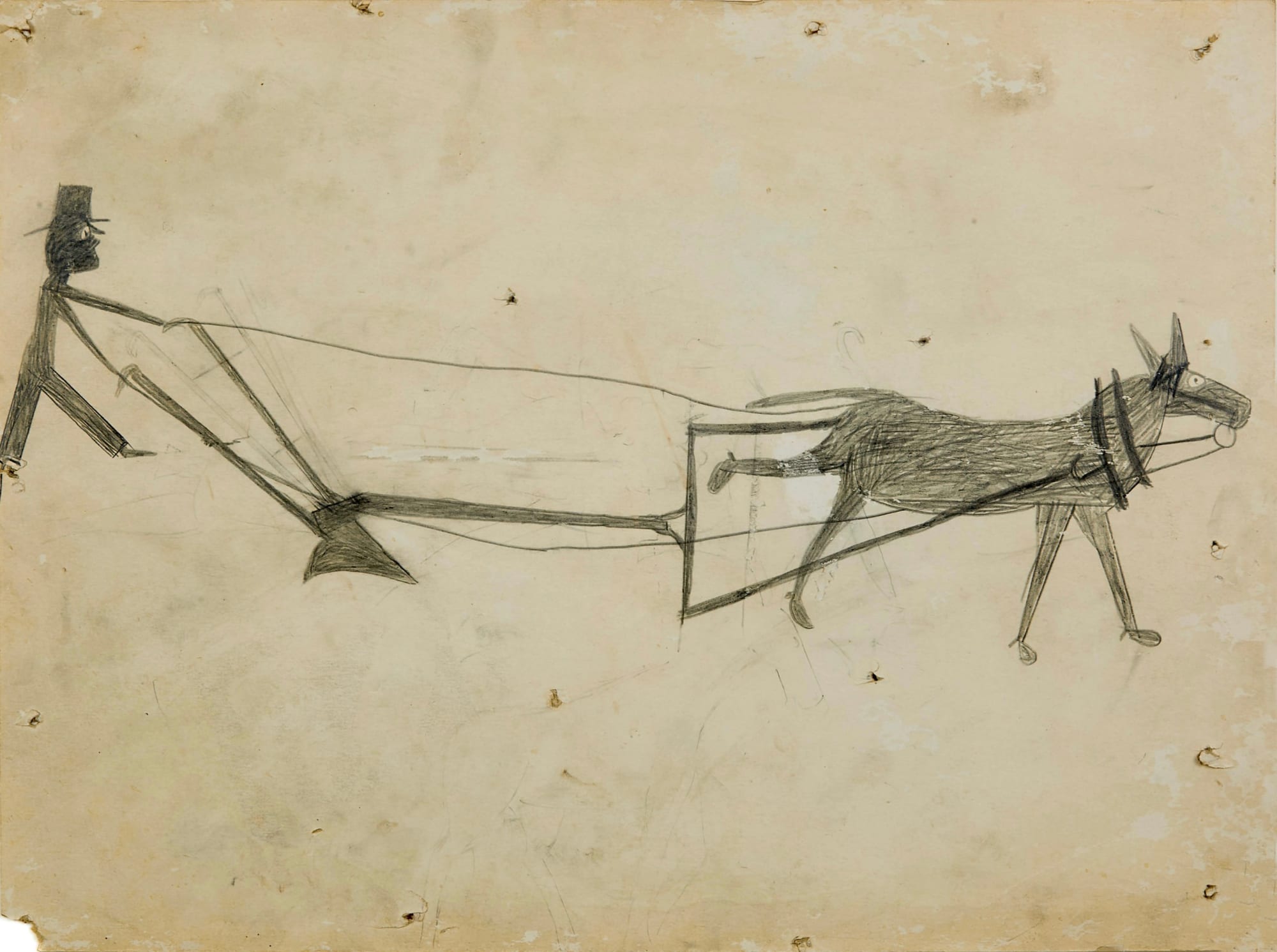 Man with Mule and Plow, ca. 1939-42 Graphite on found cardboard (reverse of Granger Pipe Tobacco poster) 14 3/4 x 19 3/4 in. (37.5 x 50.2 cm) (BT 72)