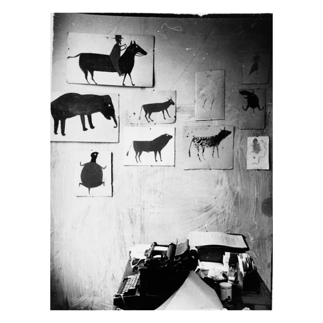 Turtle with Black Head was included in Bill Traylor's first exhibition in a former cotton sorting buiilding—headquarters of the New South Group. Photograph by Charles Shannon (Montgomery, Alabama, 1940) "Early in 1939, a group of friends and I got together to try to start something that would alleviate the barrenness of our cultural landscape. We managed to generate some activities that lasted about a year. Whatever anyone wanted to try, we would. We got a meeting place and called it New South. It was a third-floor space in a downtown building consisting of several rooms originally used for cotton sampling. Many skylights and windows down one side made for a beautiful light. The walls were predominantly a light blue but the scaling paint revealed many other colors. We held exhibitions of pottery and paintings by Southern artists ... It was here that we hung Bill Traylor's first show less than a year after he had begun to draw." Image reproduced and text quoted from an interview with Charles Shannon in Ricco/Maresca's book Bill Traylor: His Art, His Life (Alfred A. Knopf, 1991), the fist publication entirely devoted to the artist's work.