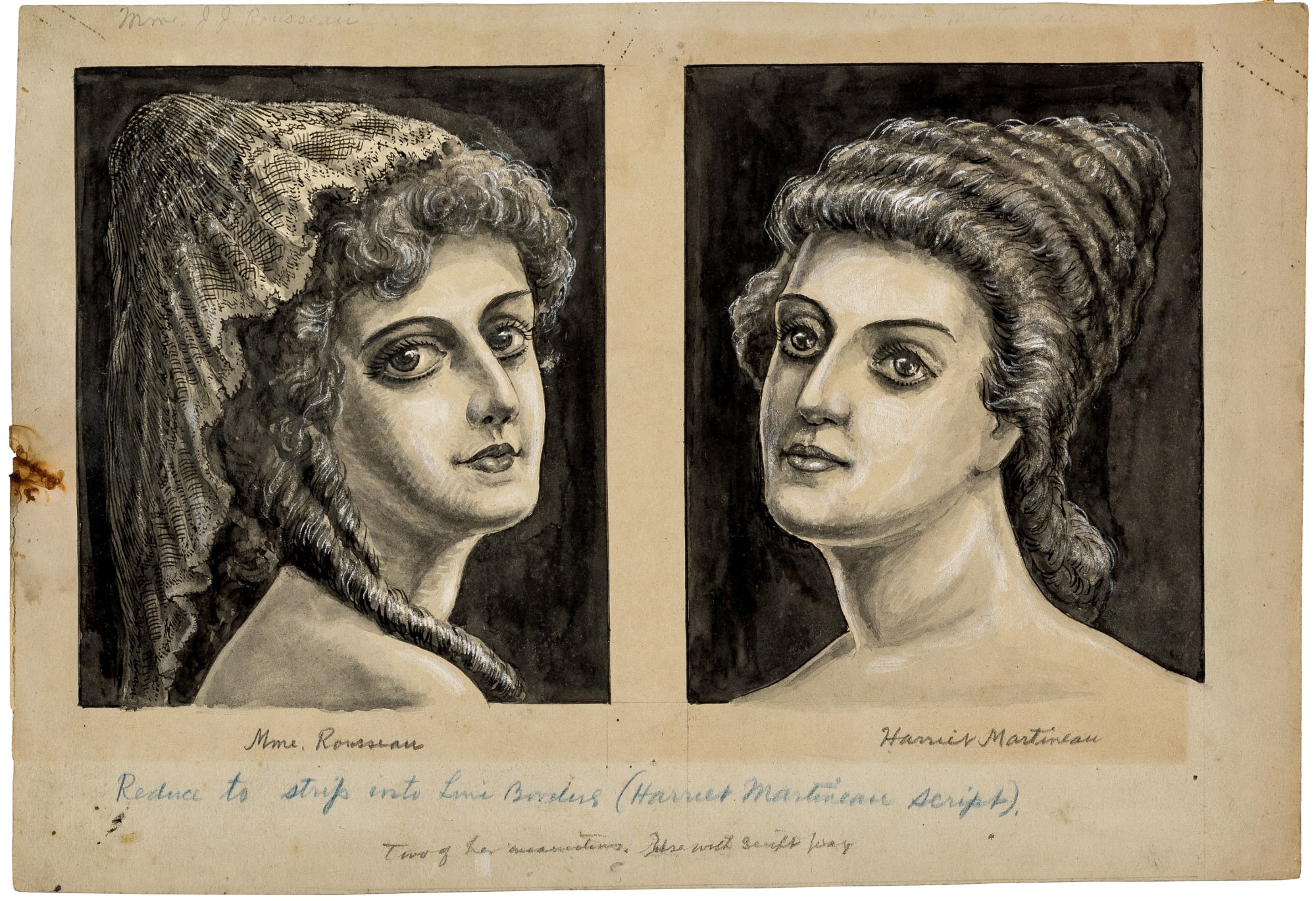 "Mme. Rousseau and Harriet Martineau", ca. 1919 - 1925 Gouache, ink, graphite, and colored pencil on paper 8 1/2 x 12 1/2 in. (21.6 x 31.8 cm.) (GWa 8)