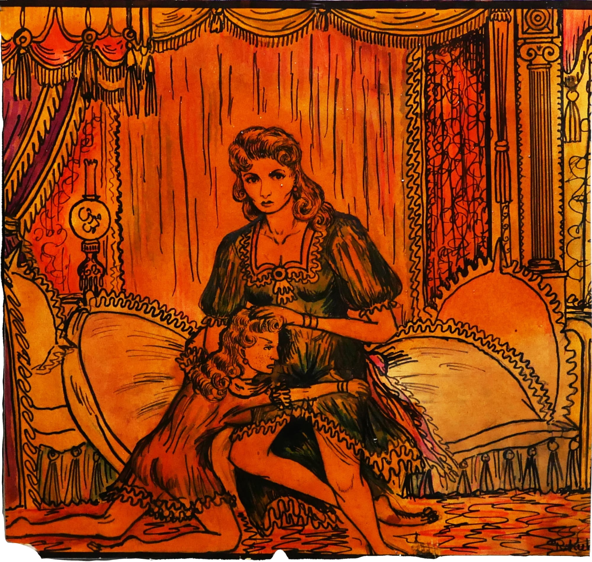 Viscountess Florence Ostenwelt holding Anne Marie de, Rochelle, sickly daughter of Cesar, 1955 Ink, pencil, colored pencil, gouache on sketch paper 8 3/4 x 9 1/4 in. (22.2 x 23.5 cm) (RK 105)