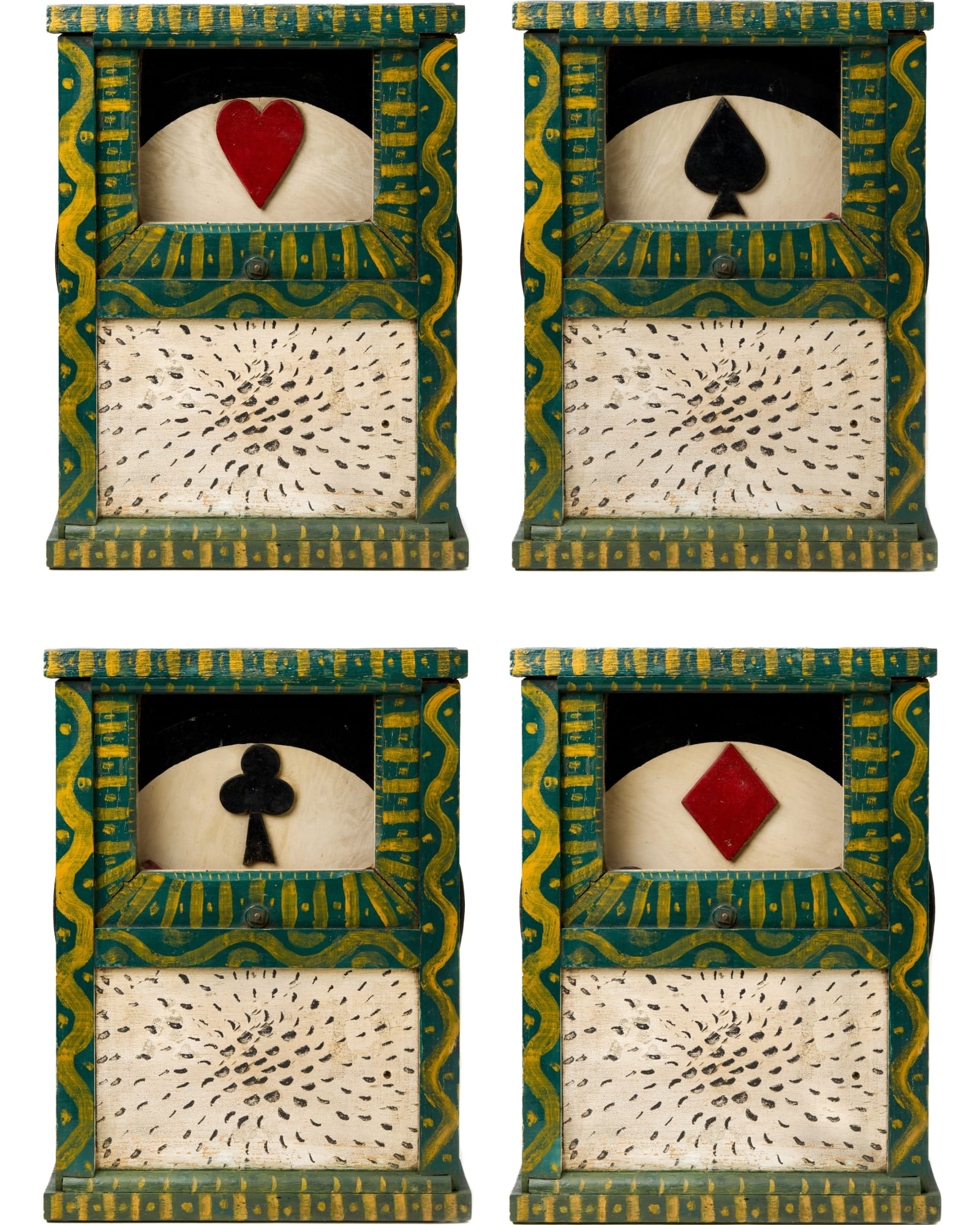 Mystery Game Box with Rotating Card Suits, ca. 1930-40 Wood with original polychrome and glass window 18 1/2 x 13 1/2 x 4 1/4 in. (47 x 34.3 x 10.8 cm) (ArU 506)