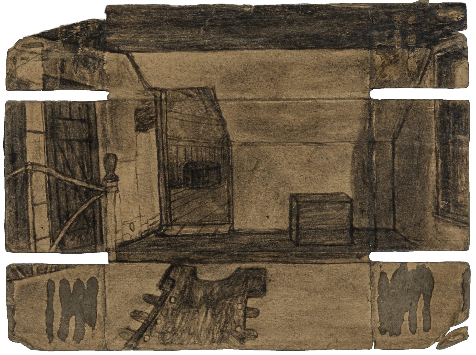 Bedroom and Art Studio Interior Graphite and soot on cardboard 5 1/4 x 7 1/4 in. (13.3 x 18.4 cm) (JC 053) Side A $8,000