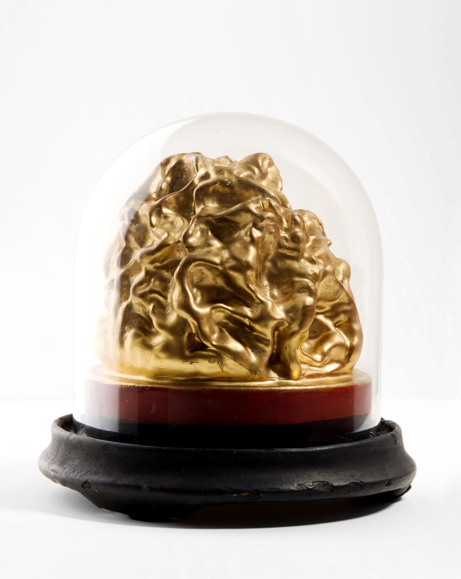 Advertising Countertop Golden Form (Sapolin Paint), ca. 1910-20 Gilded aggregate with original glass dome, wood base, and paper label 7 1/2 x 7 in. (19.1 x 17.8 cm) (ArU 514) $ 3,000 ••• Under its glass dome, this gold, molten-looking form sits somewhere between specimen and sculpture. Its folds suggest a crumpled cloth, a geological nugget, even a brain—an object that resists being pinned down to a single identity. Whatever its original purpose, the decision to isolate it on a pedestal and seal it beneath glass effectively turns it into a ready-made: a found object elevated by framing, very much in the spirit of the early 20th-century objet trouvé. The black base recalls Victorian display culture—domes used for clocks, taxidermy, devotional miniatures—while the gleaming mass inside feels oddly contemporary, like a small, private monument to compressed matter. It’s a clear demonstration of how context and presentation can transform an anonymous thing into a charged presence, inviting us to project meanings onto a form that refuses to explain itself.