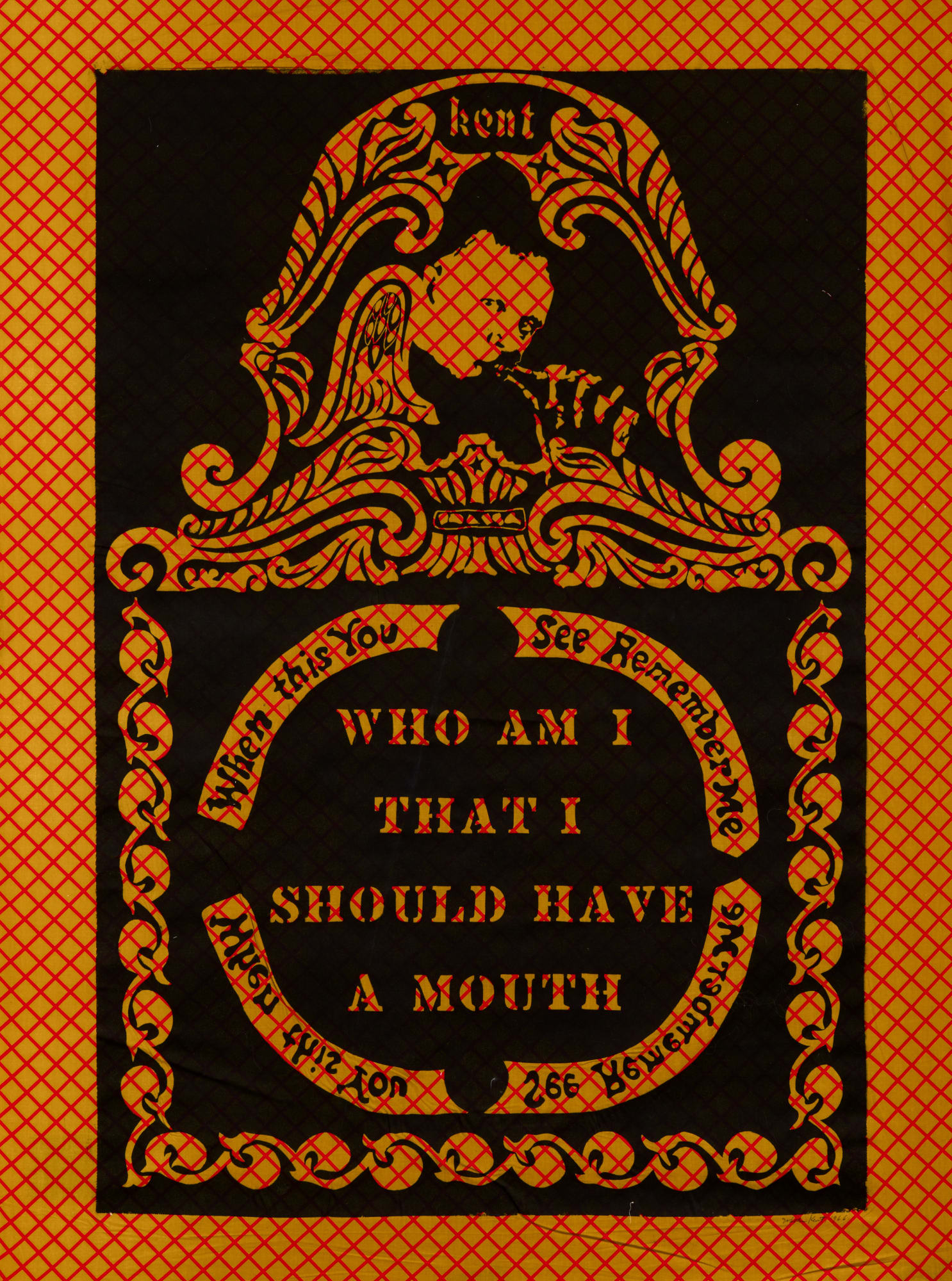 Who Am I That I Should Have a Mouth, 1966 Unique slate print: ink on patterned fabric 49 x 34 in. (124.5 x 86.4 cm) (WKt 6) $ 11,000