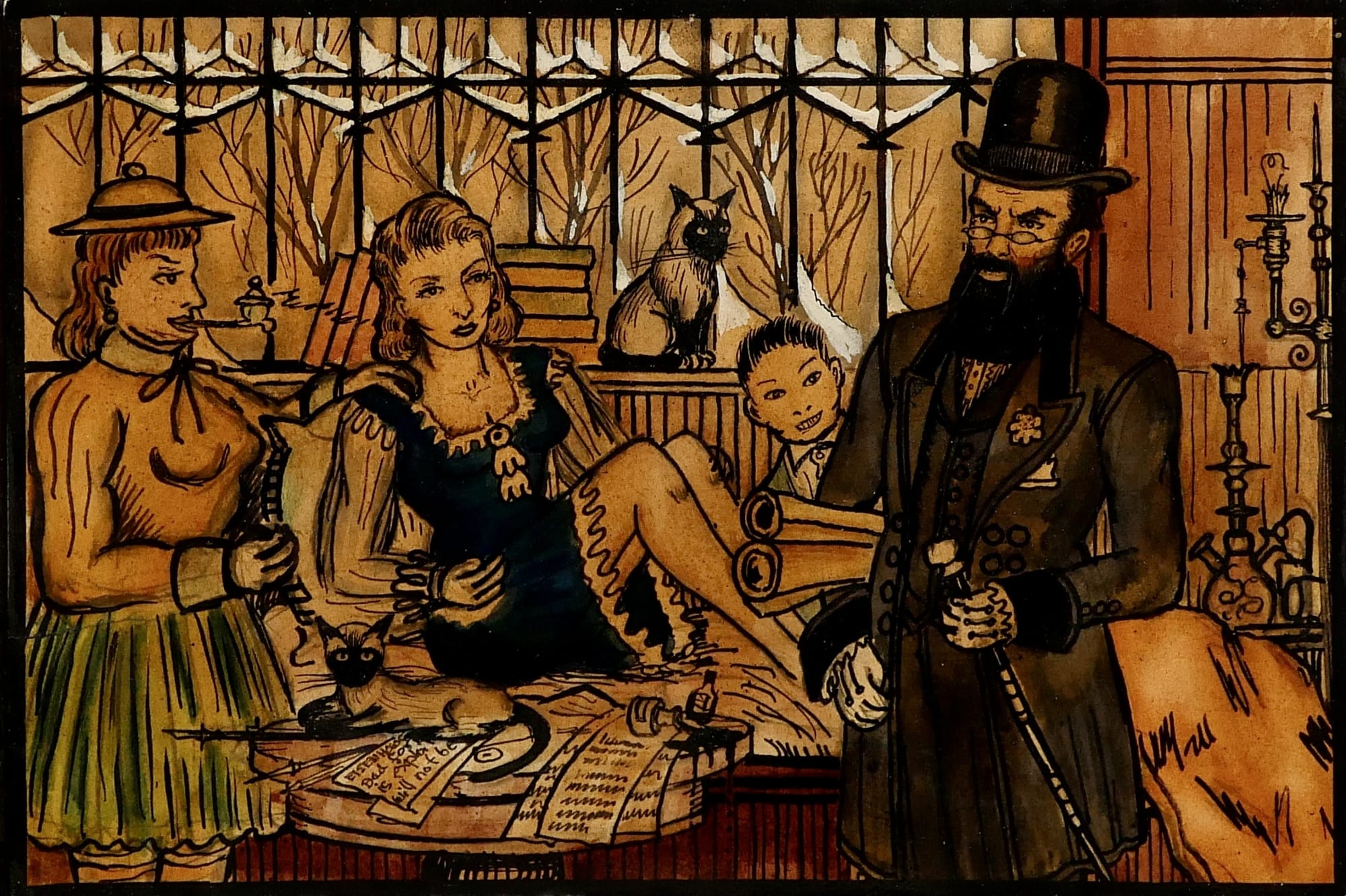 Kahn, Viola, and niece Lotsen in servants quarters of Ciudella, 1955 Ink, pencil, gouache, and watercolor on heavy sketch paper 6 x 8 3/4 in. (RK 130) SOLD