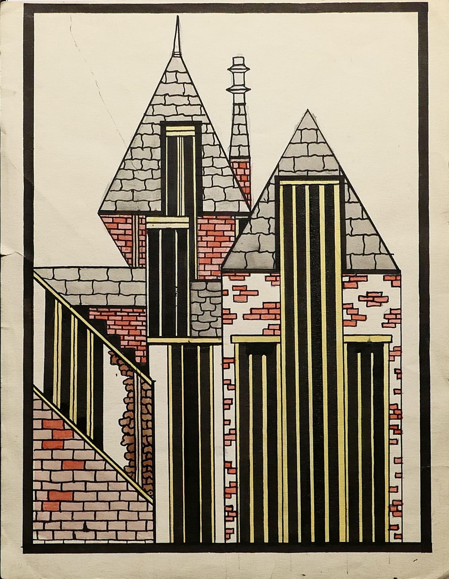 Abstract angular building with brick walls and slate roof tiles, 1960 Ink, pencil and gouache on sketch paper 11 1/2 x 8 3/4 in. (RK 140)